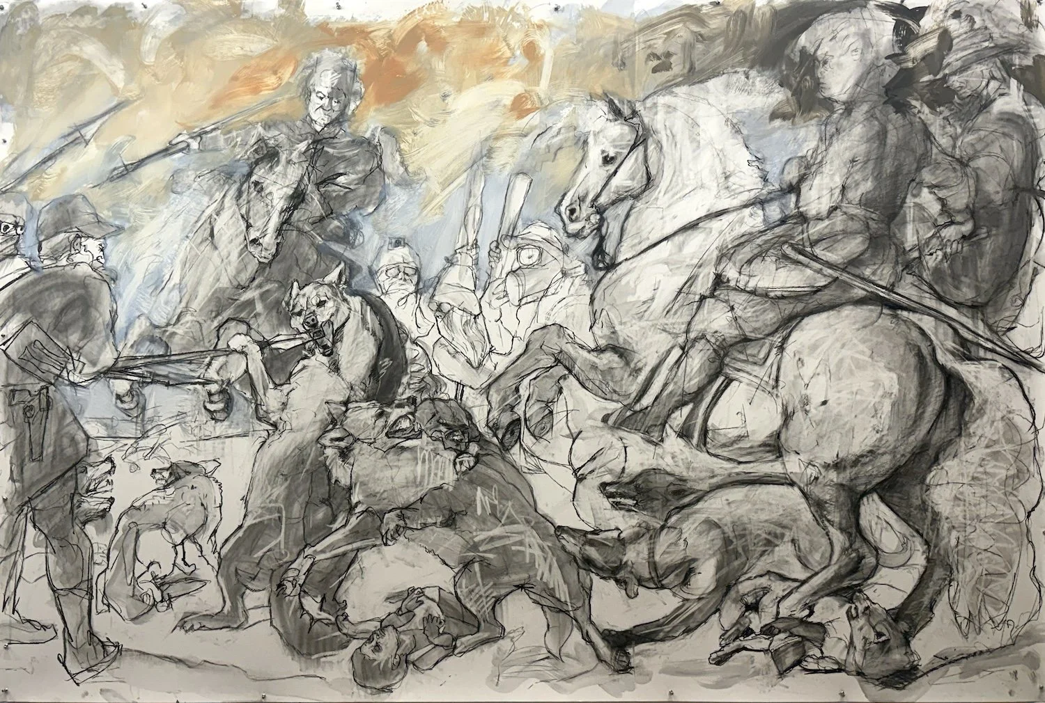 Fairytale Country (After Peter Paul Rubens’ Wolf and Fox Hunt), 2026. Process study. Charcoal, graphite, oil on Yupo, 40 × 60″.