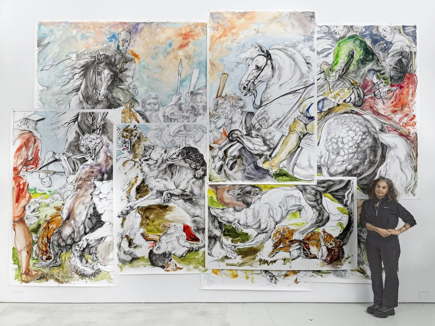 Same work, installation view with artist for scale.
