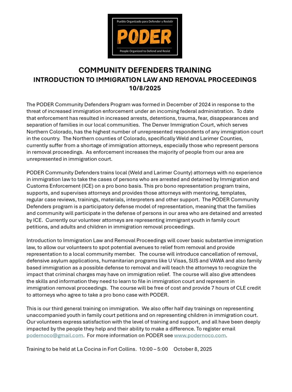 Immigration Law Training &amp; Volunteer Opportunities (PODER)