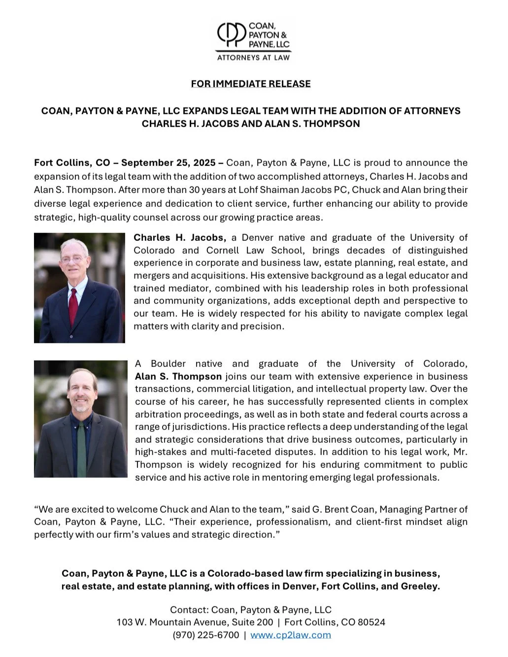 COAN, PAYTON &amp; PAYNE, LLC EXPANDS LEGAL TEAM WITH