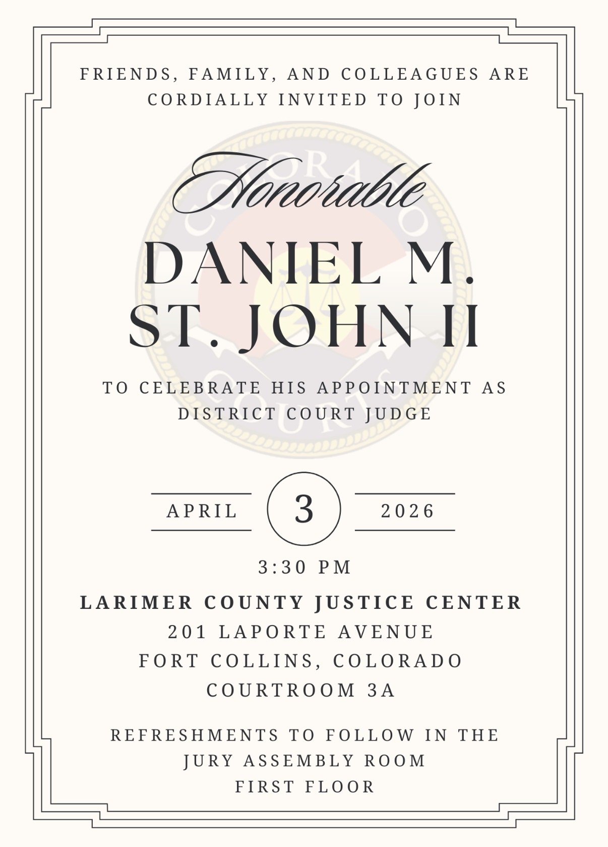 Hon. Daniel M. St. John II Investiture Invitation