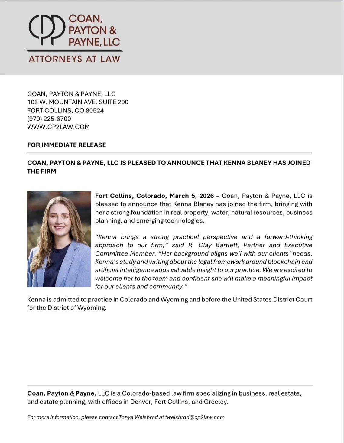 COAN, PAYTON &amp; PAYNE, LLC IS PLEASED TO ANNOUNCE THAT KENNA BLANEY HAS JOINED THE FIRM