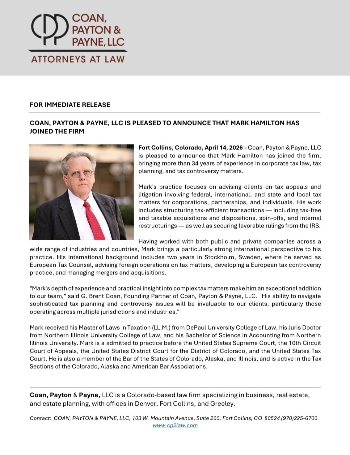 COAN, PAYTON &amp; PAYNE, LLC IS PLEASED TO ANNOUNCE THAT MARK HAMILTON HAS JOINED THE FIRM