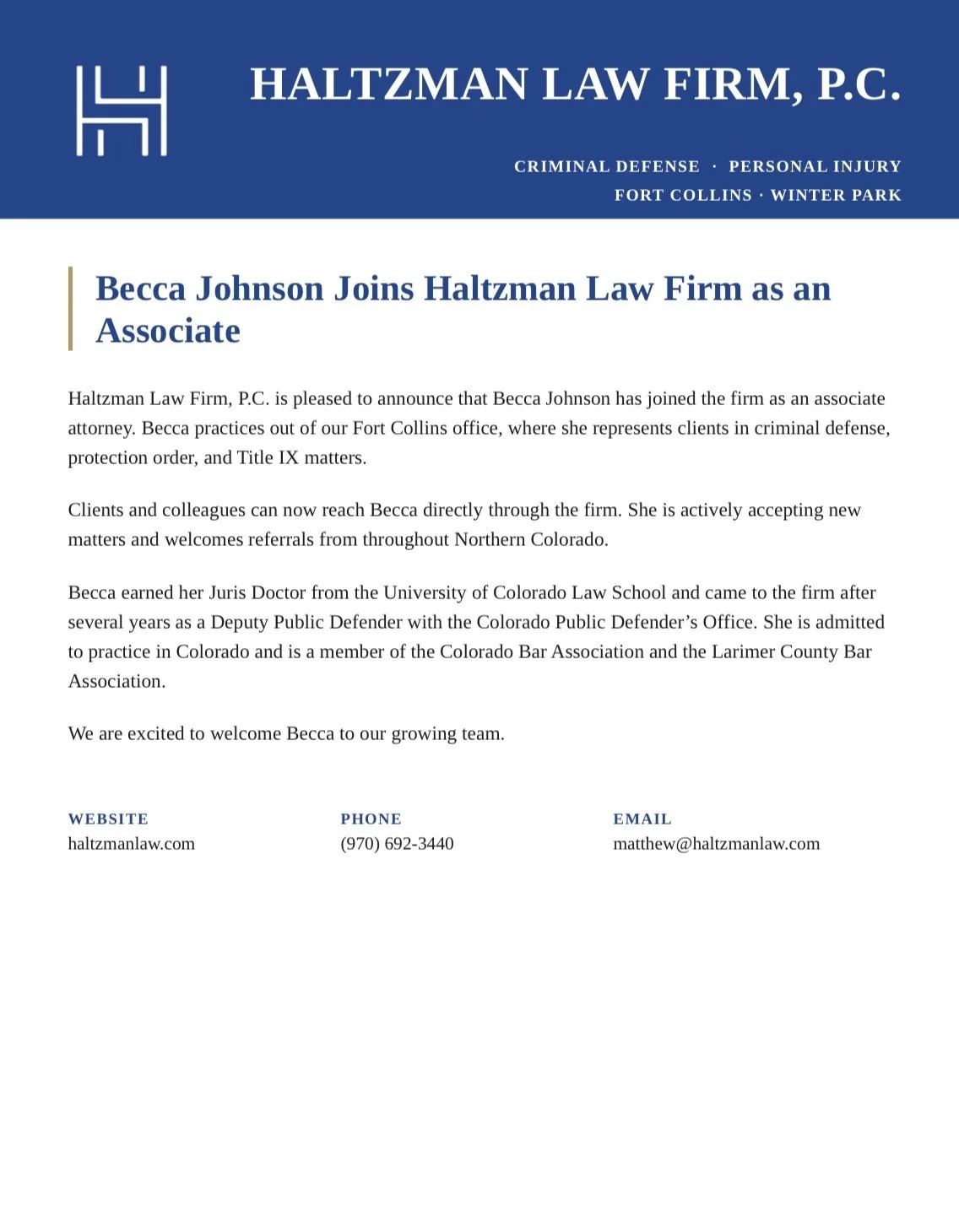 Becca Johnson Joins Haltzman Law Firm as an Associate