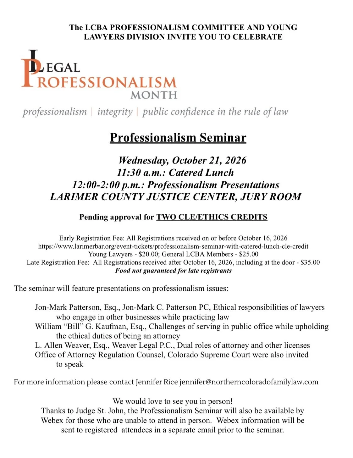 2026 Professionalism Seminar with Catered Lunch &amp; CLE Credit