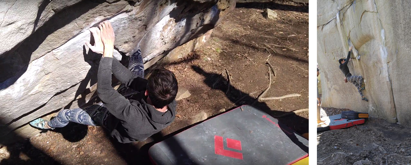 Left: Chris Fogarty "Super Mario" V4 (In the knee bar crux) RIGHT: Chris Fogarty "Celestial Mechanics" V7