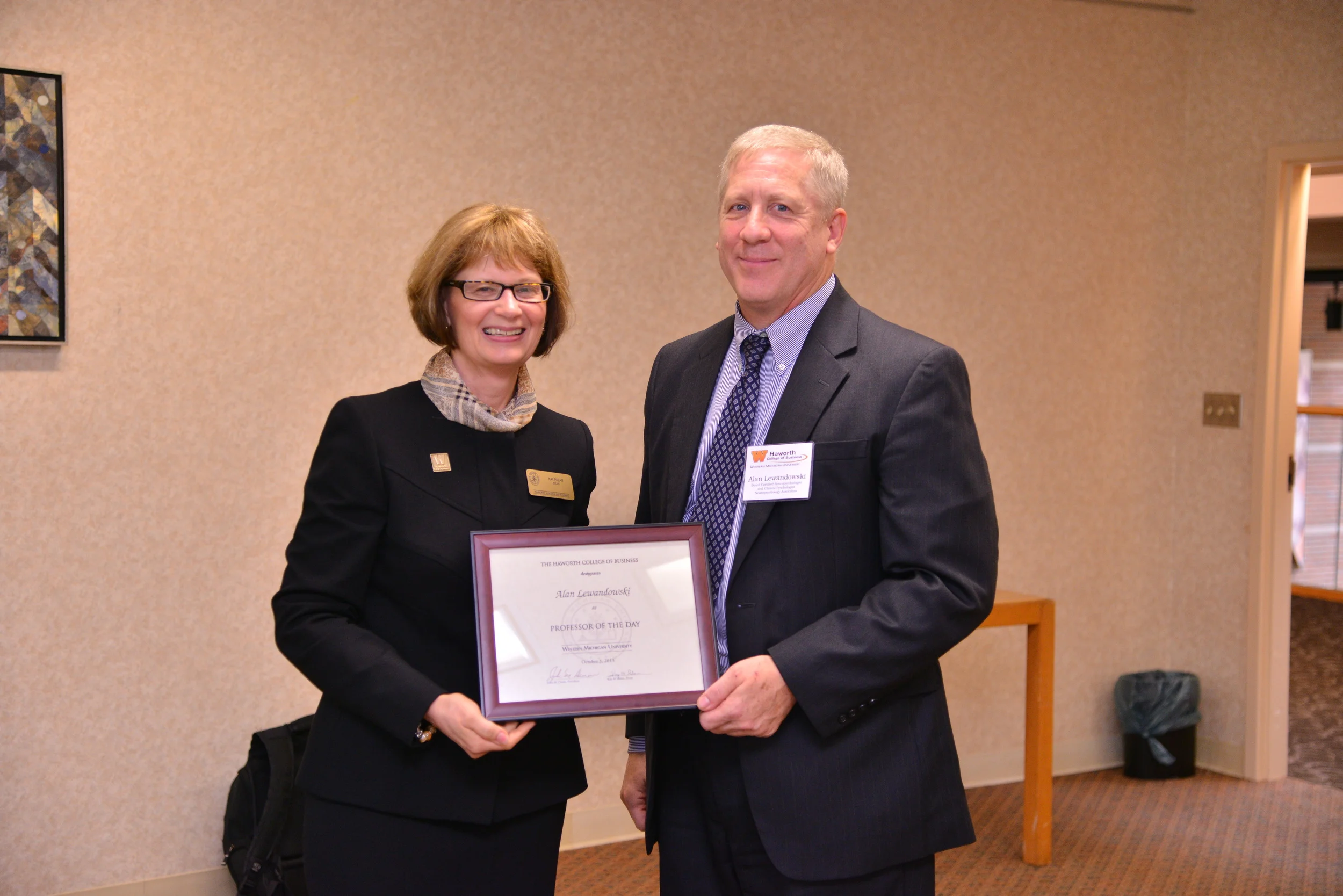 Dr. Palan, Dean of Haworth College of Business with Dr. Lewandowski 
