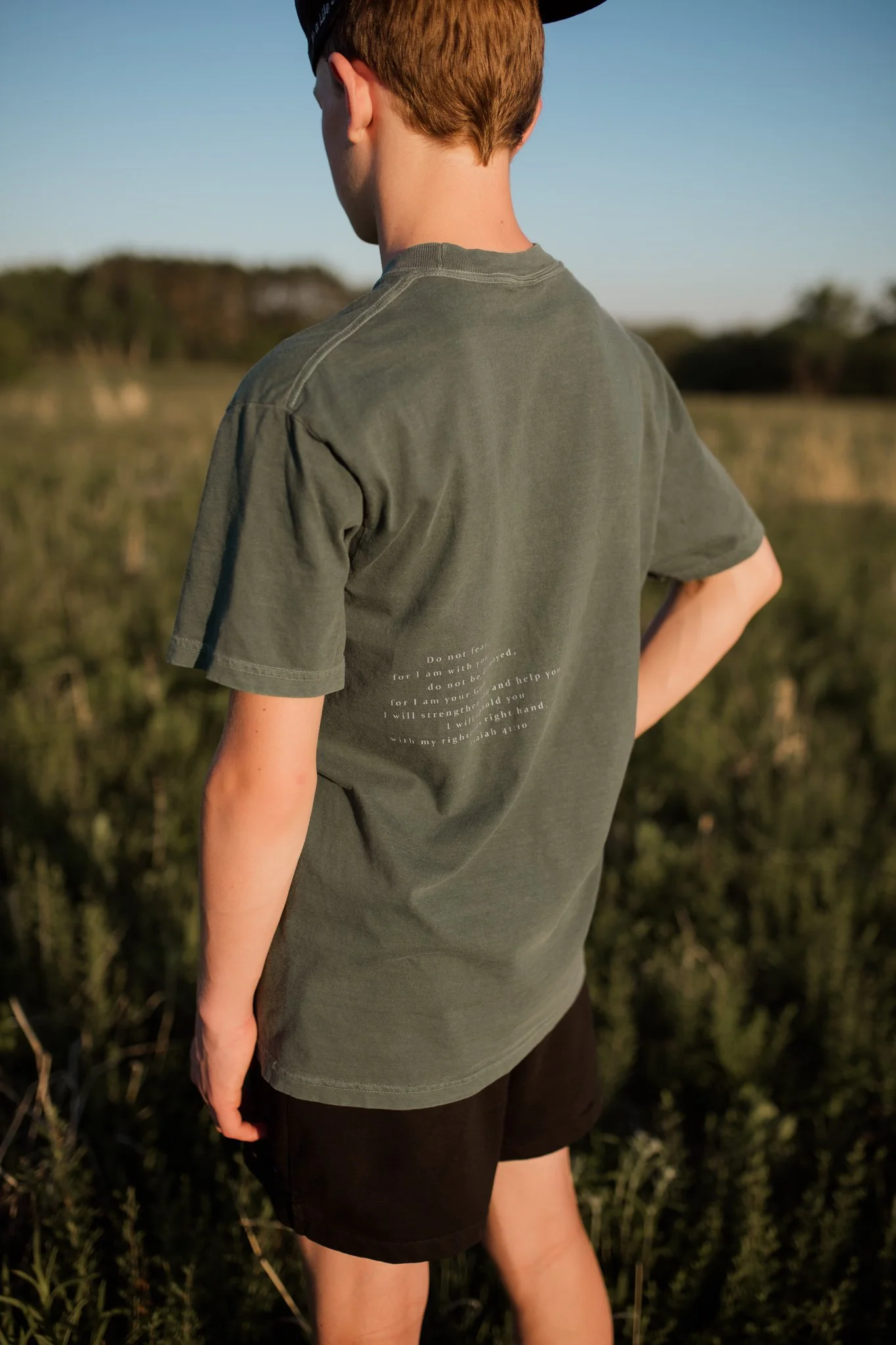 Christian comfort colors Fear Not T-shirt inspired by bible verse Isaiah 41:10.  blue green tee with blue screen print reminding believers to not fear.