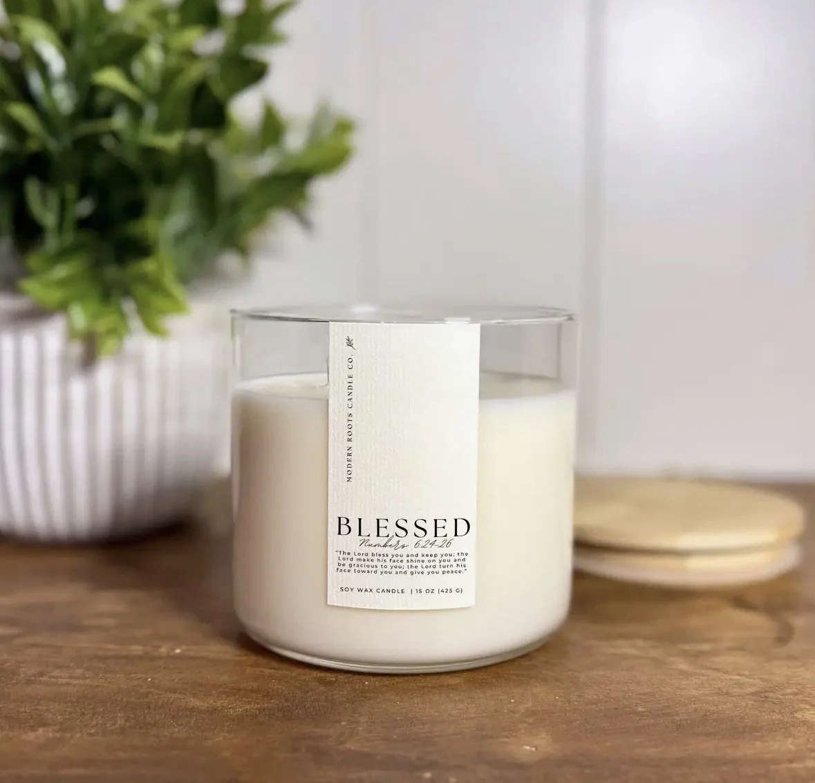 faith based bible verse candle with blessed designed on it