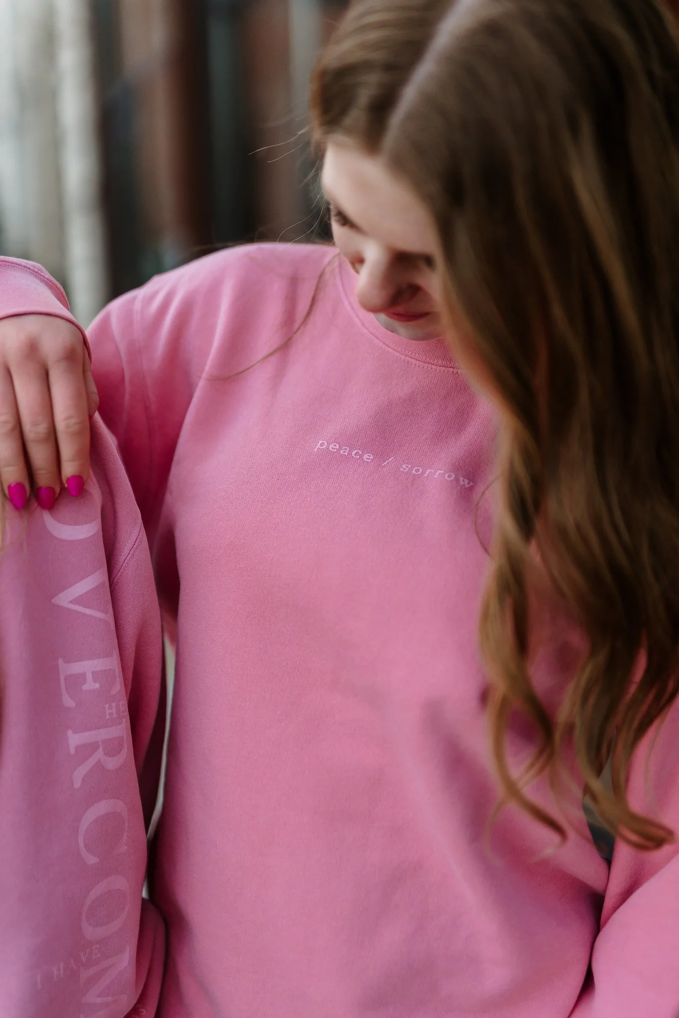 front and back christian sweatshirt with bible verse, take heart I have overcome