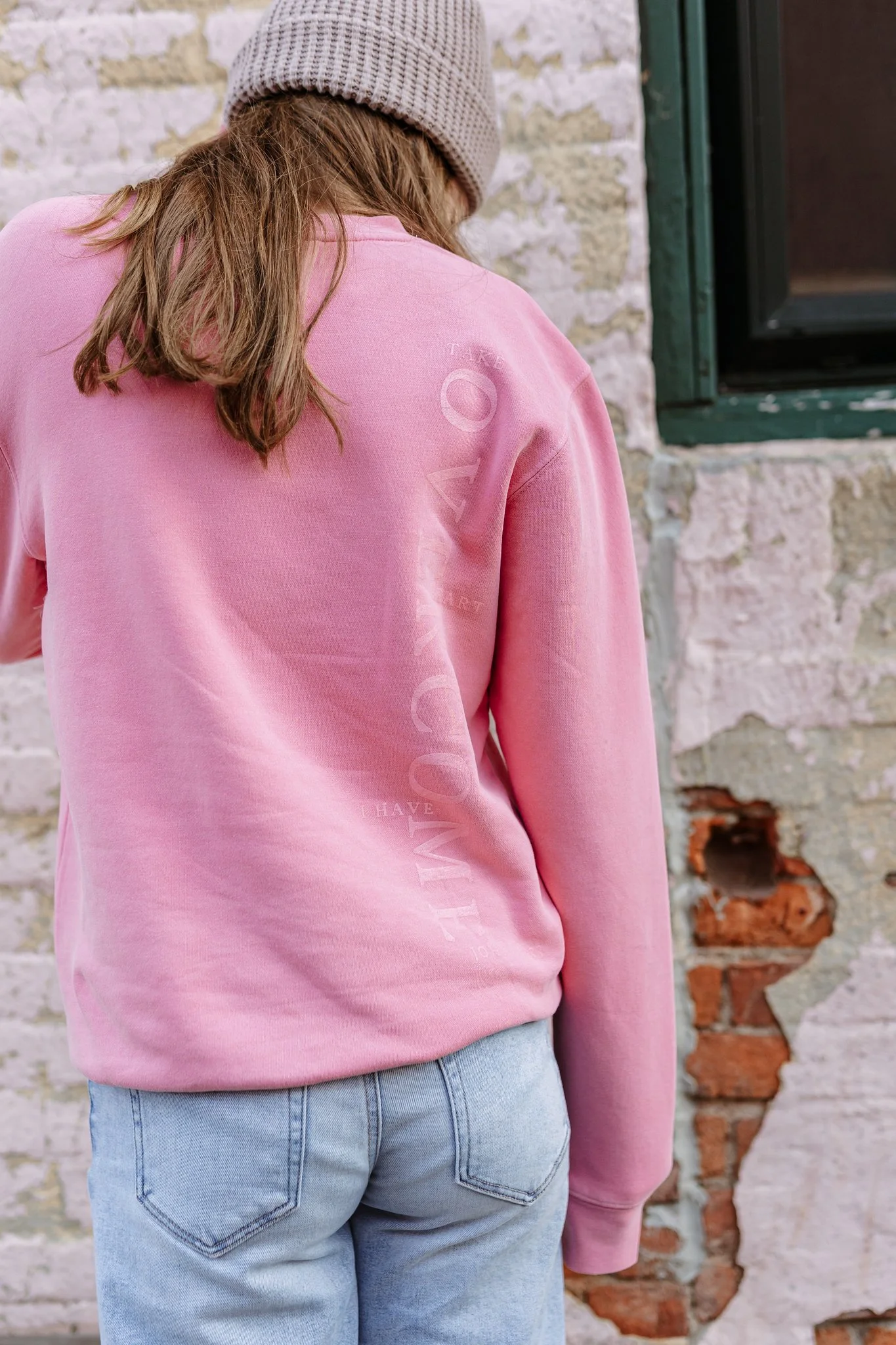pink sweatshirt for girls with bible verse take heart I have overcome