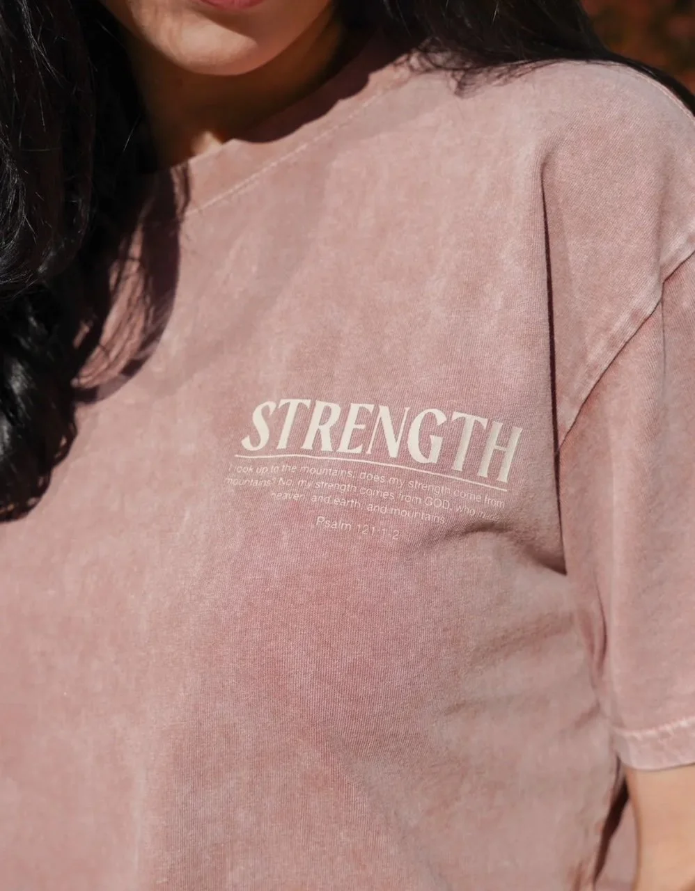 faith-based sienna tee featruing 'strength' theme and scripture psalm 121:1-2