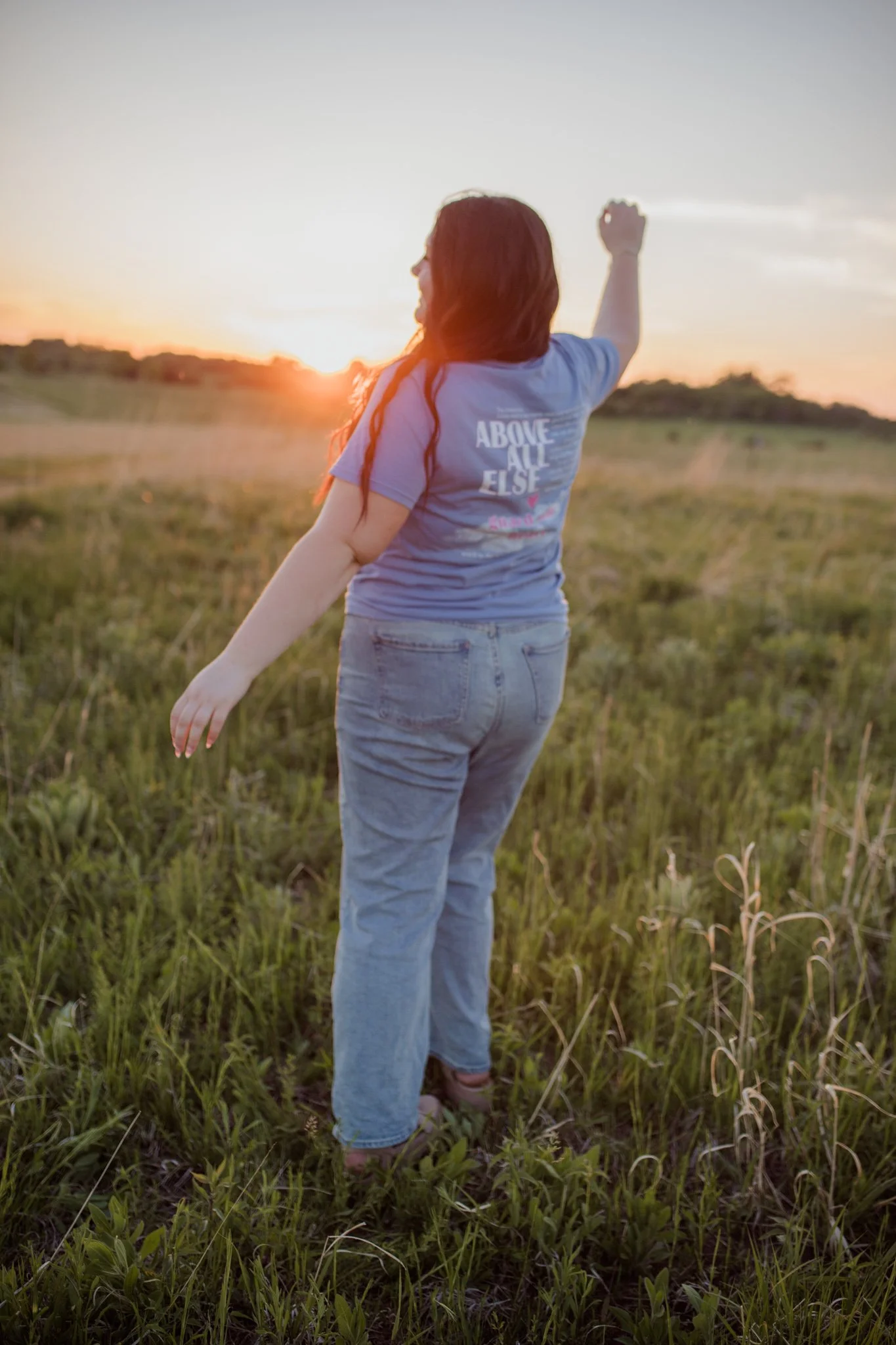 Christian comfort colors Above All else T-shirt inspired by bible verse proverbs 4:23.  blue denim tee with pink and white screen print reminding believers to guard your heart