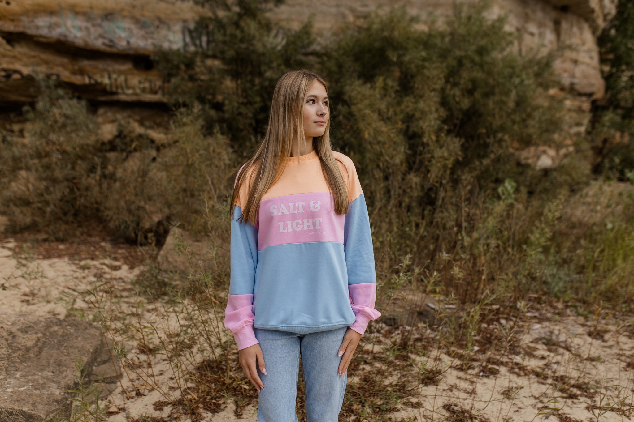 salt and light color block christian sweatshirt