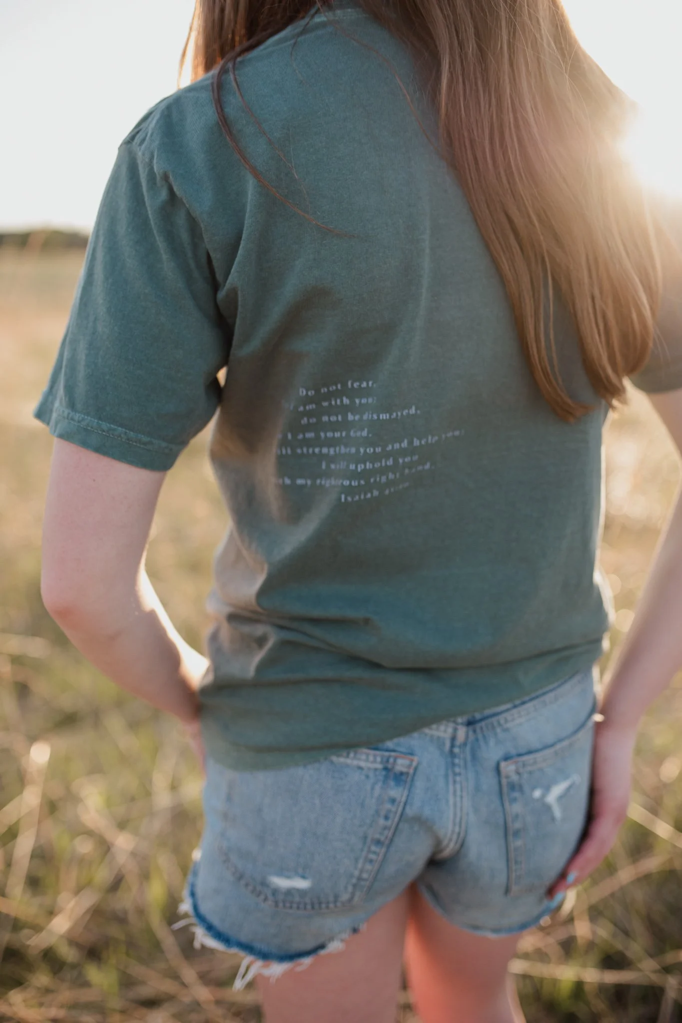 Christian comfort colors Fear Not T-shirt inspired by bible verse Isaiah 41:10.  blue spruce tee with blue screen print reminding believers to not fear.