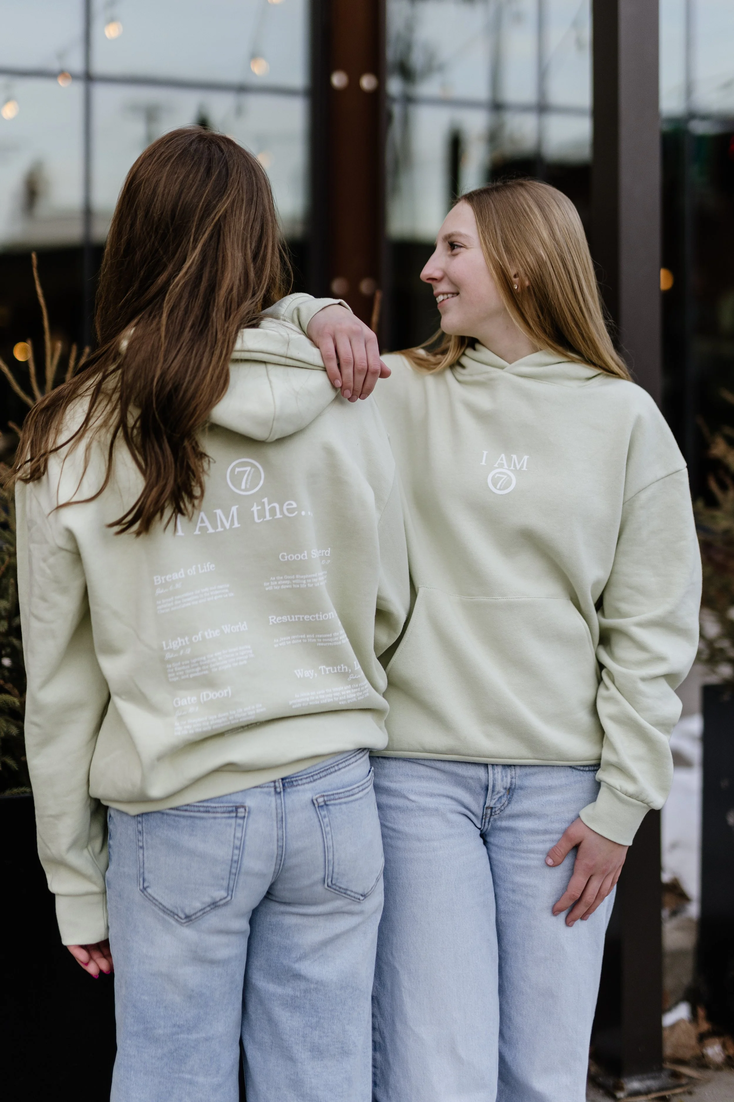 christian sweatshirt front and back in honey dew color