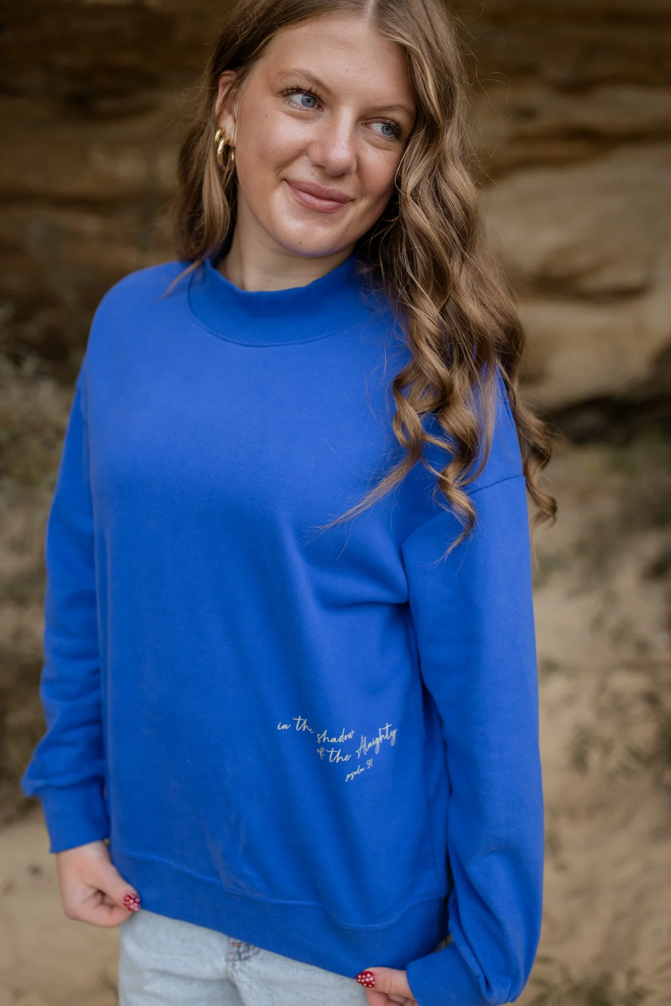 blue mockneck christian sweater designed with bible verse psalm 91