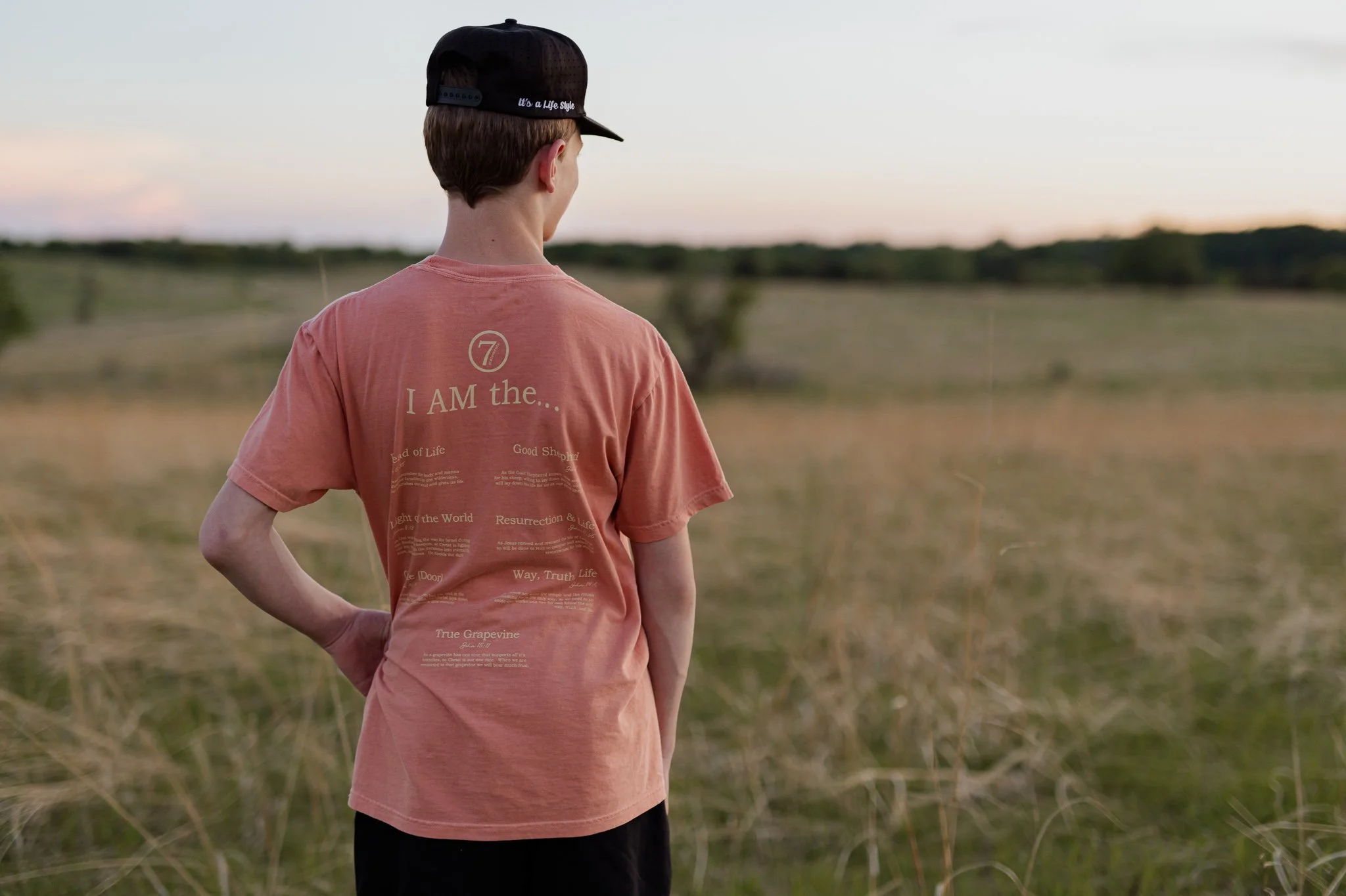 Christian comfort colors I AM T-shirt inspired by Jesus' 7 I Am Statements.  terracotta tee with cream screen print reminding believers of who Christ is.