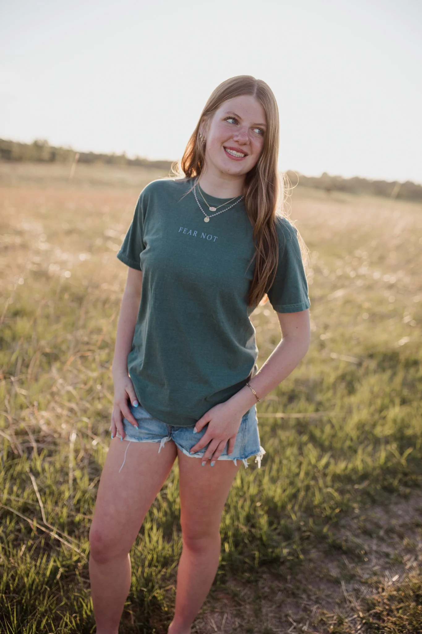 Christian comfort colors Fear Not T-shirt inspired by bible verse Isaiah 41:10.  blue spruce tee with blue screen print reminding believers to not fear.