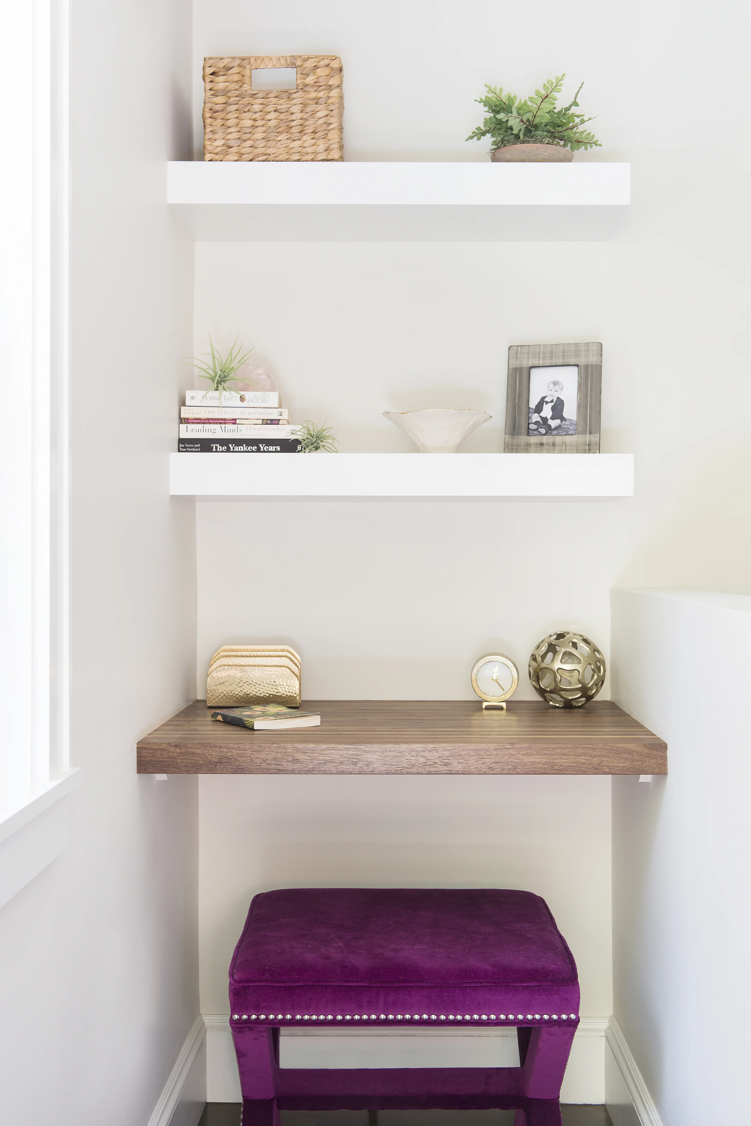 Upholstered bench in small home office styled with SYD+SAM accessories and decor!