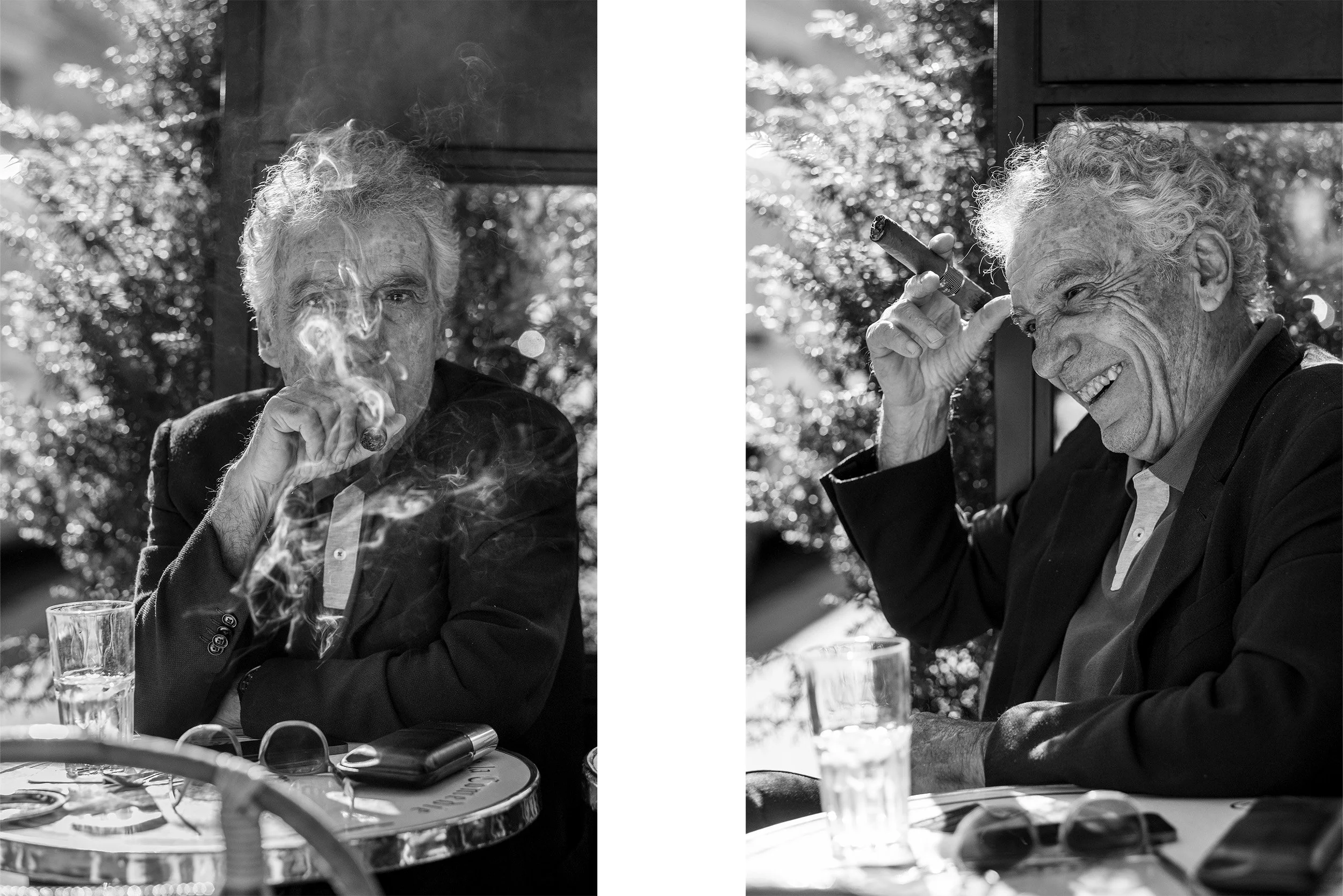  Older man with wild white hair enjoying a cigar on a café terrace, Paris. Diptych street portrait by Chris Perona. 