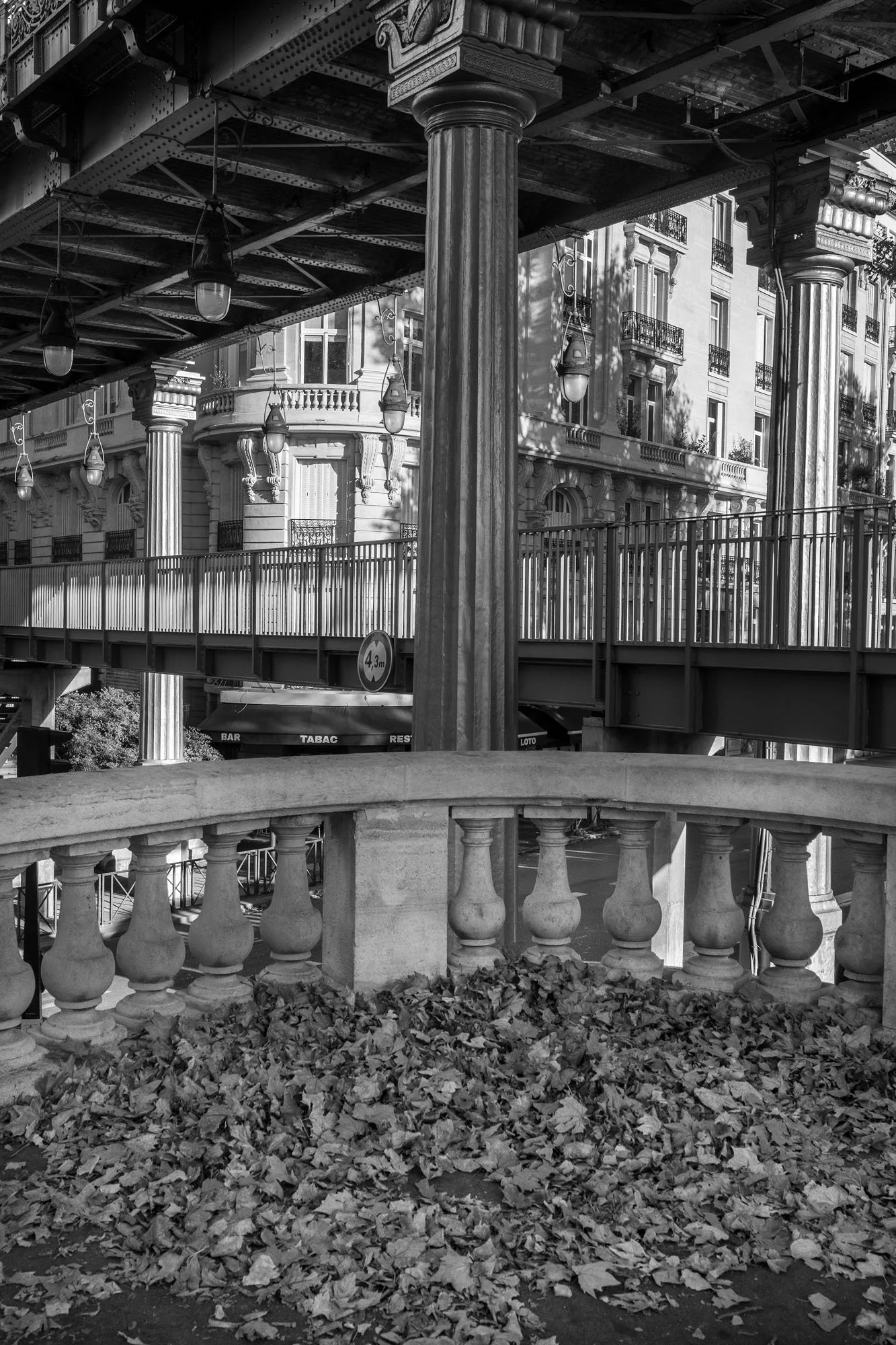 Autumn leaves piled against the balustrade beneath the iron viaduct, Pont de Bir-Hakeim, Paris. Architecture photograph by Chris Perona. 