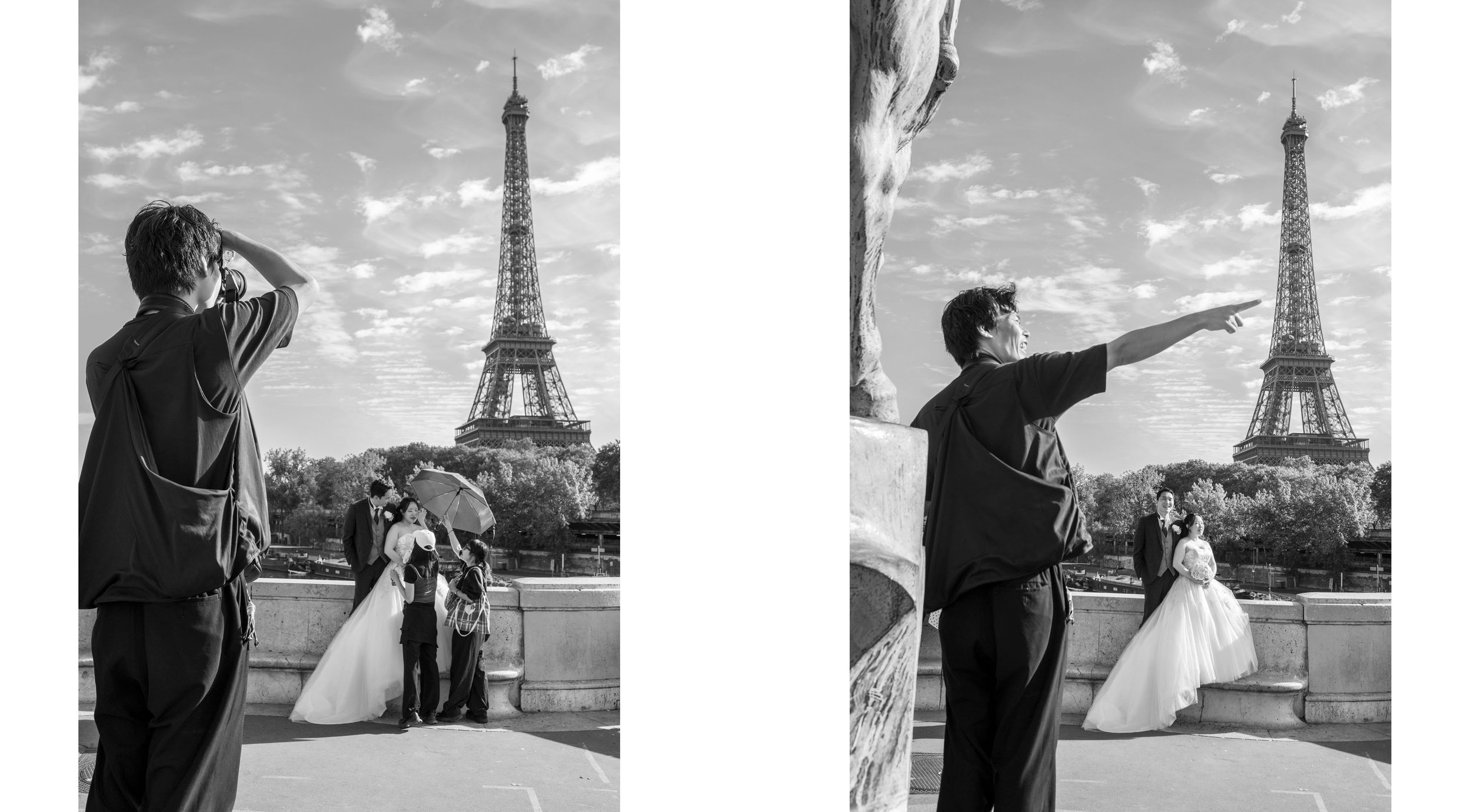  Diptych: a photographer directing a bride and groom before the Eiffel Tower, Pont de Bir-Hakeim, Paris. Street photograph by Chris Perona. 