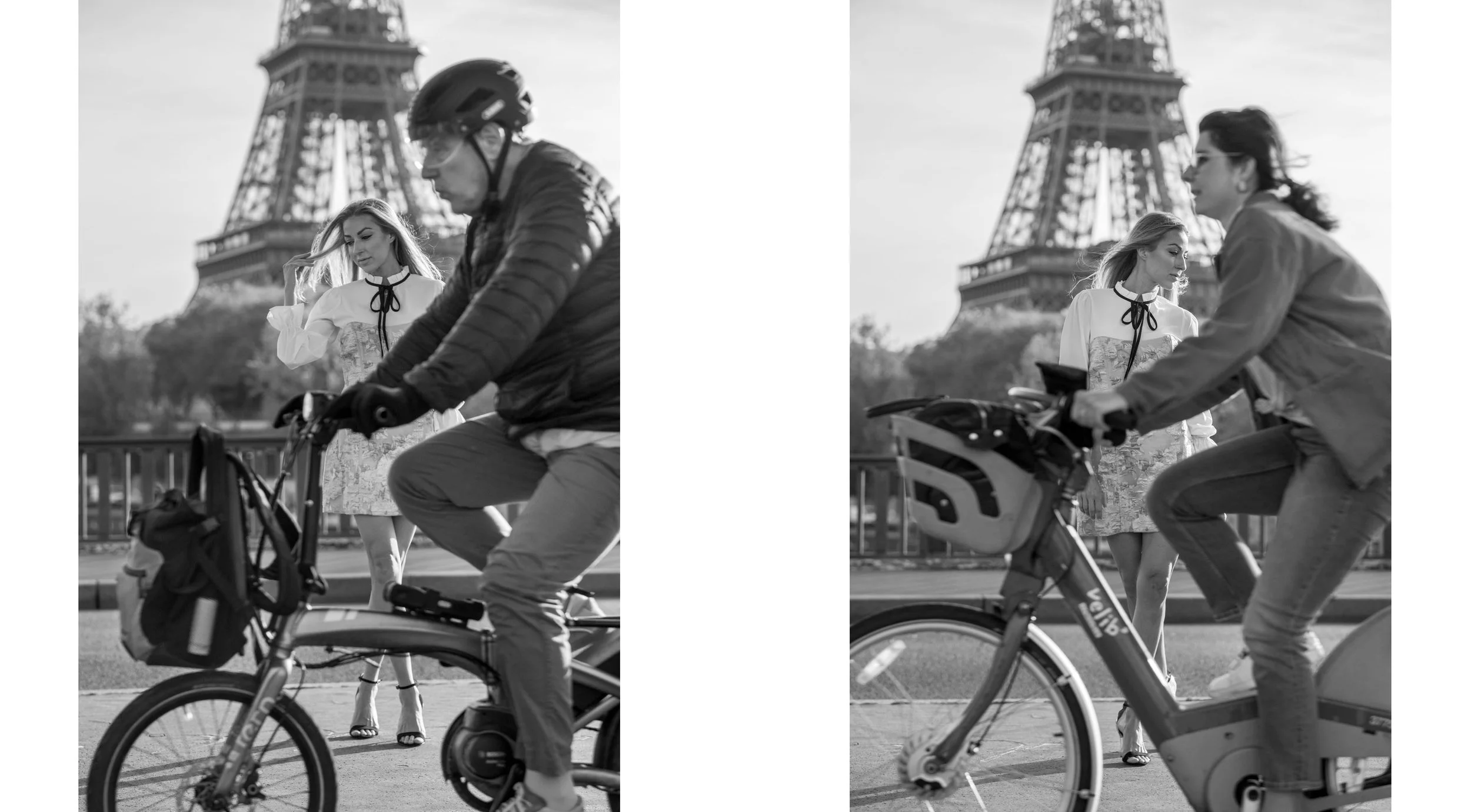  Diptych: a couple cycling across the bridge, the Eiffel Tower behind, Pont de Bir-Hakeim, Paris. Street photograph by Chris Perona. 