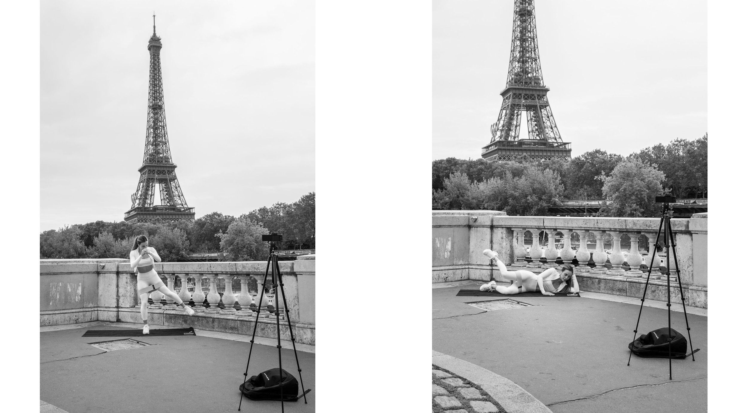 Diptych: a solo traveller photographing herself with a tripod before the Eiffel Tower, Pont de Bir-Hakeim, Paris. Street photograph by Chris Perona. 