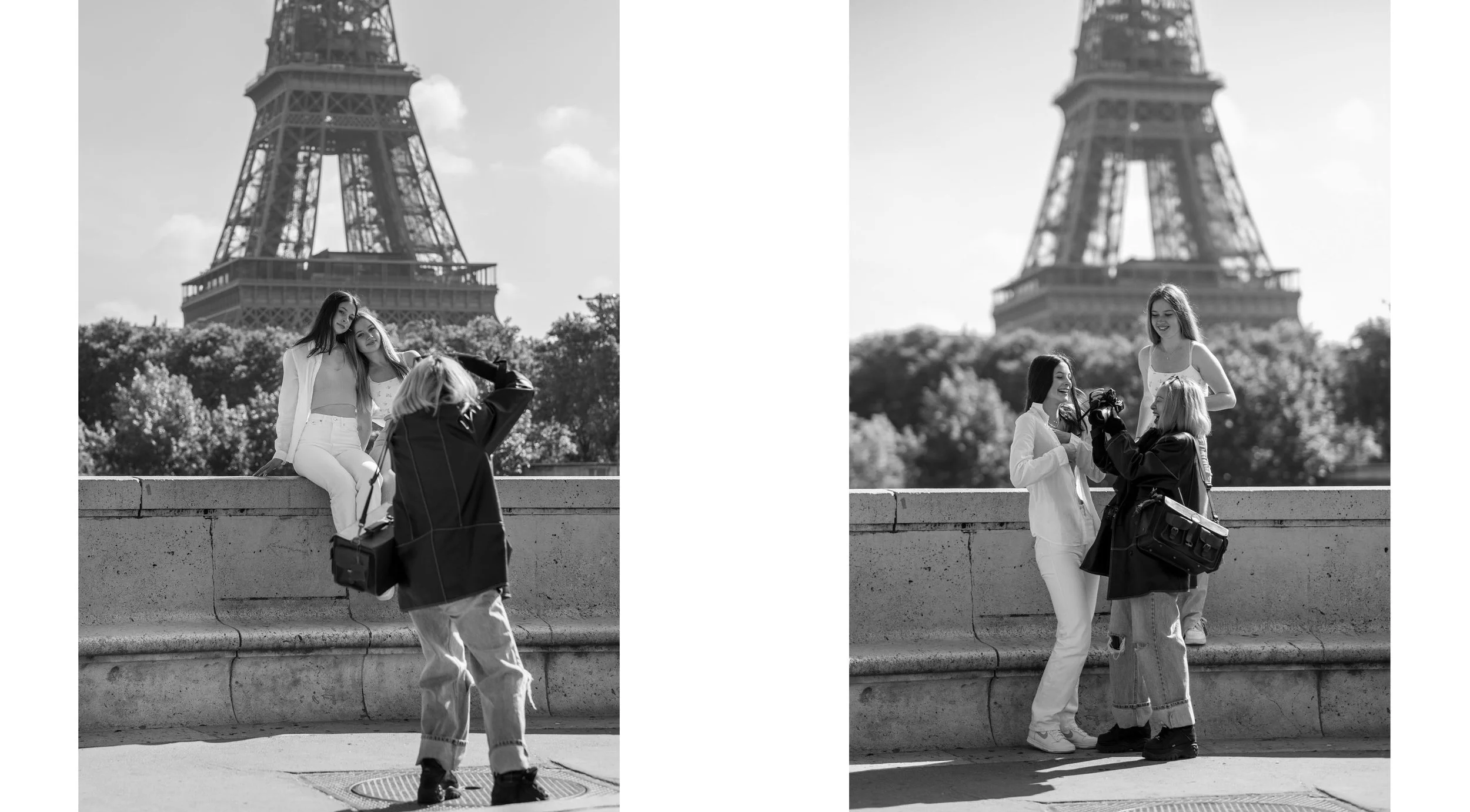  Diptych: two women taking turns photographing each other before the Eiffel Tower, Pont de Bir-Hakeim, Paris. Street photograph by Chris Perona. 