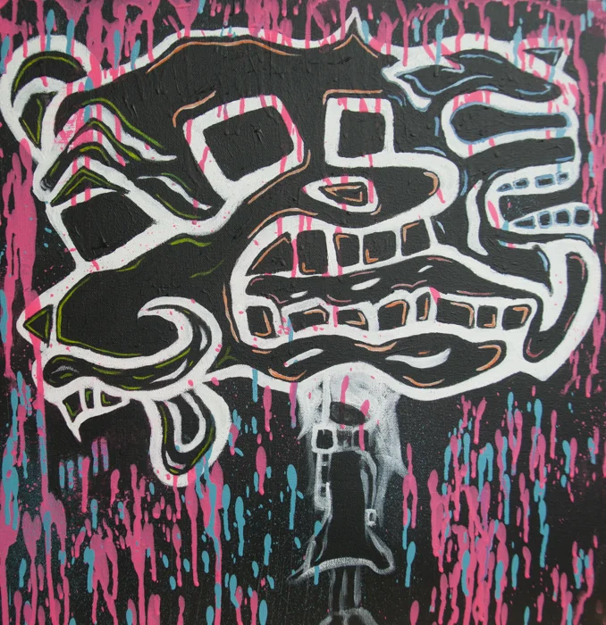  20 in x 20 in Spray Paint, Acrylic Paint, and Self Leveling Clear Gell on canvas. 
