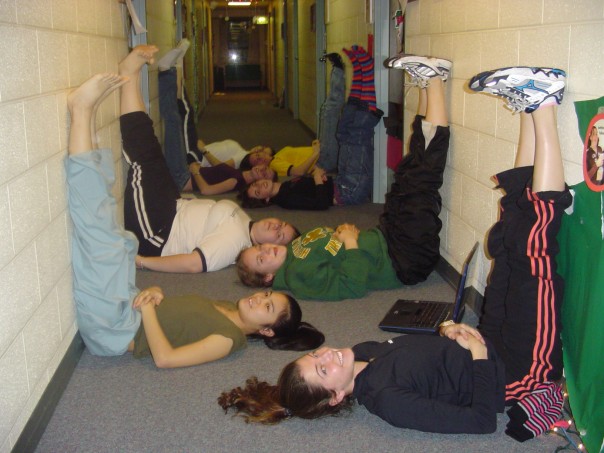 Don't ask me how I managed to track down this photo...my freshman year at Notre Dame during my first finals week. Note the infamous black Adidas fleece! (I also totally still have these Adidas pants, which I must say are quite awesome as well as quite warm.) At least my section of Pasquerilla West 2A is doing some restorative yoga! I had just gone for a very very snowy run around the lakes.