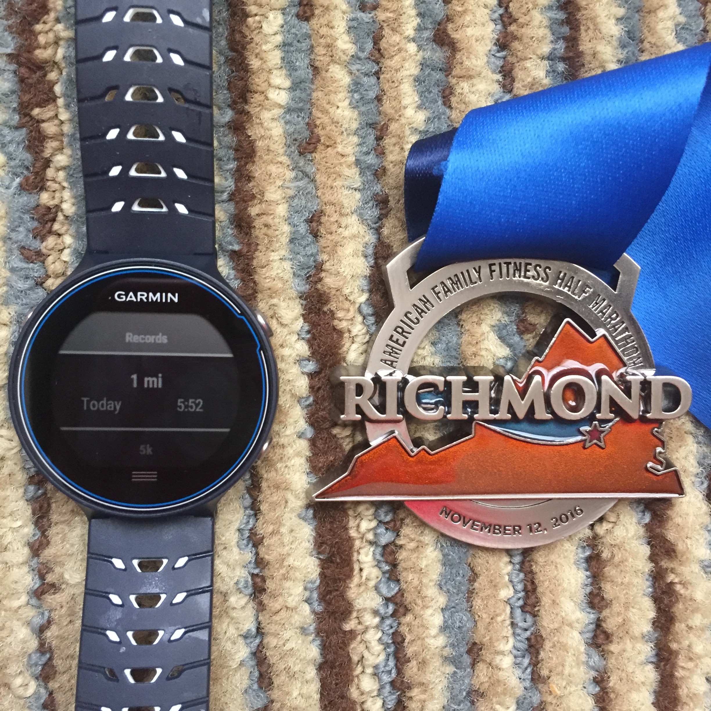 I just got a new Garmin 630 which is amazing--so much lighter than my old touchscreen Garmin (which was so big it didn't quite fit my wrist and so heavy that I'd finish long races with a big mark on my wrist)! This was the second race I've worn this; going to get a new mile "record" as soon as I race a shorter distance, but a record is satisfying nonetheless. 