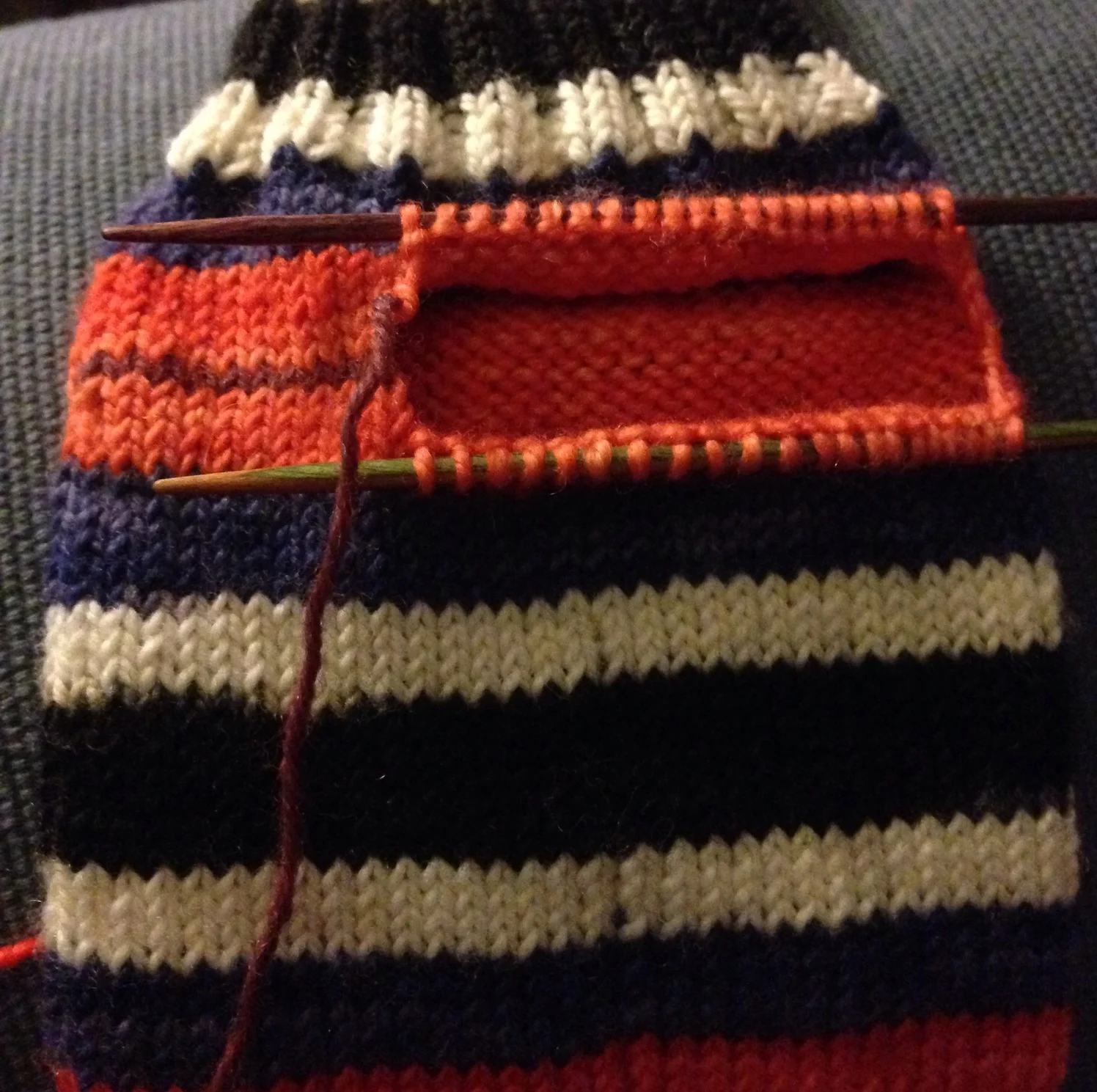 Picking up stitches to start the heel. 