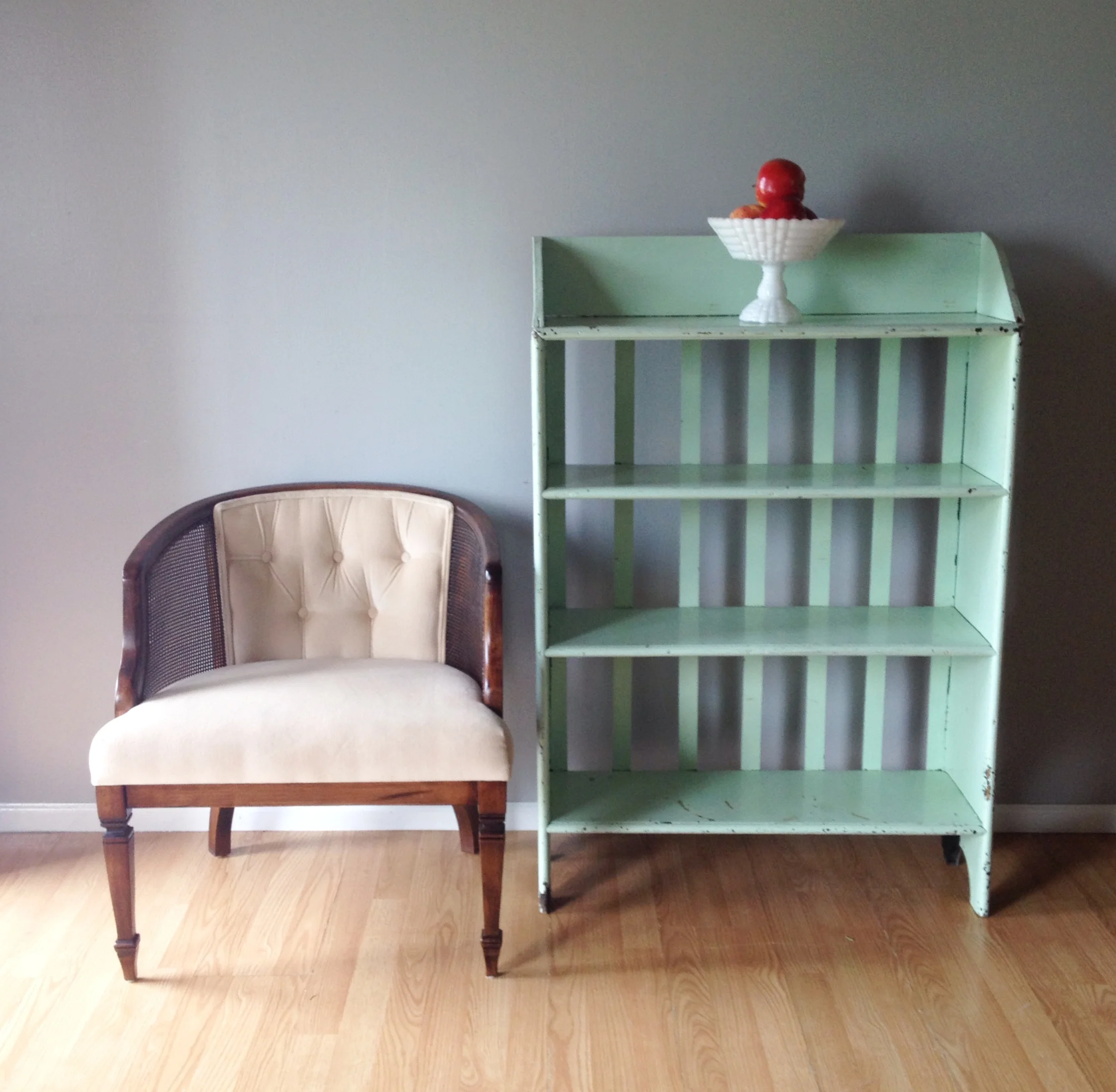 vintage cane barrel chair & primitive mint green bookcase.