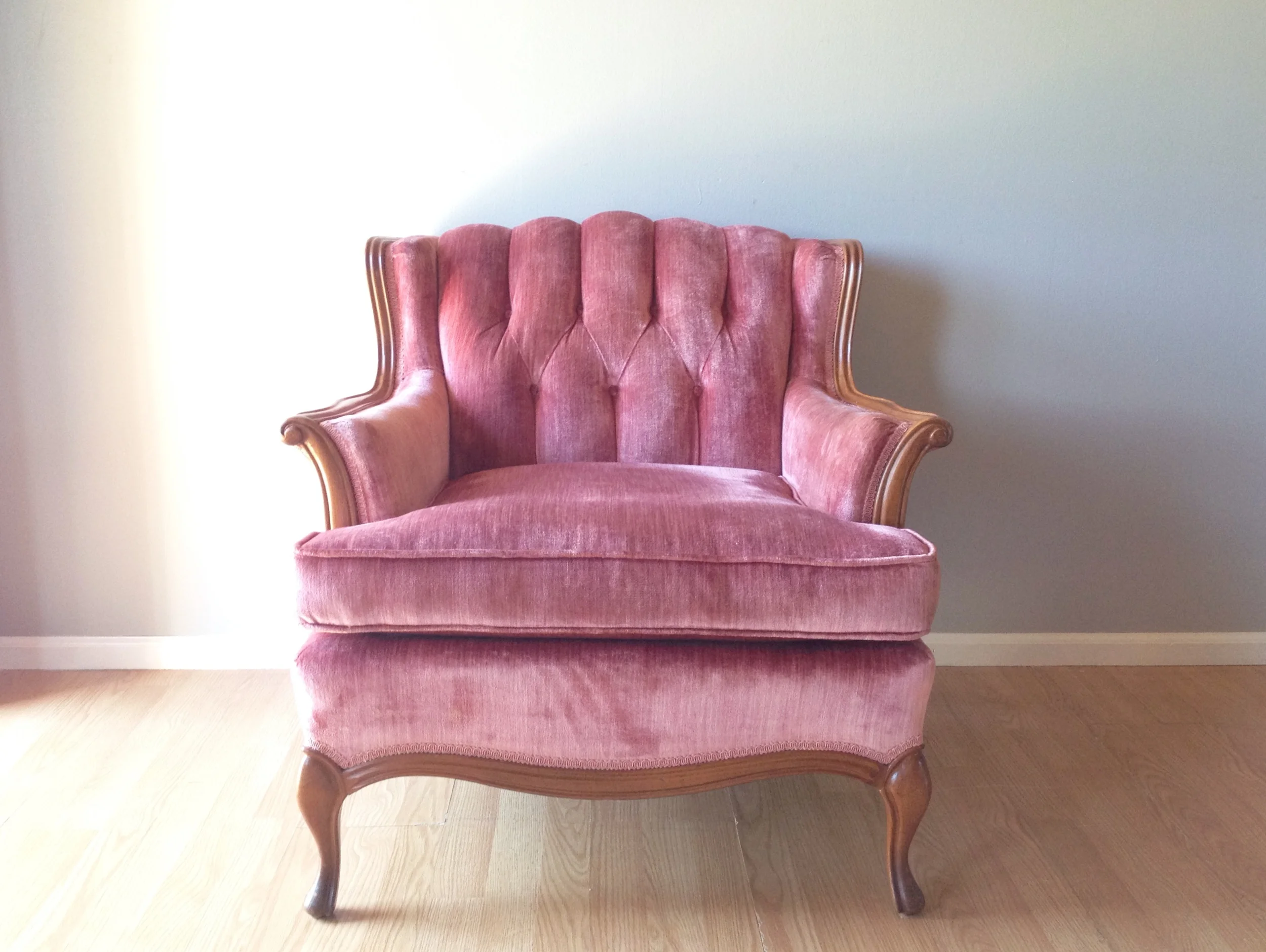 vintage pink velvet bergere chair.