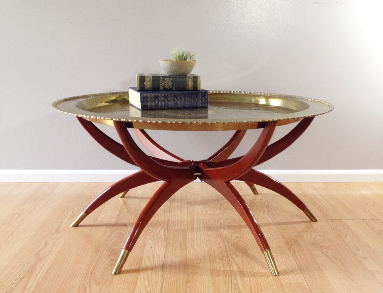 vintage brass tray spider table.