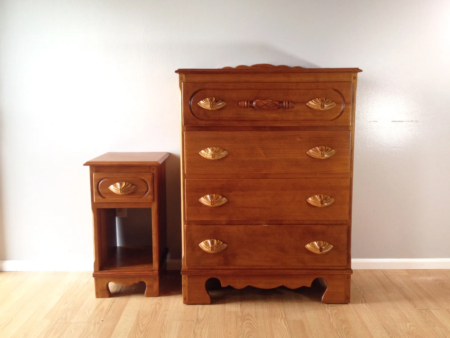 vintage dressser & nightstand set with carved wood handles.