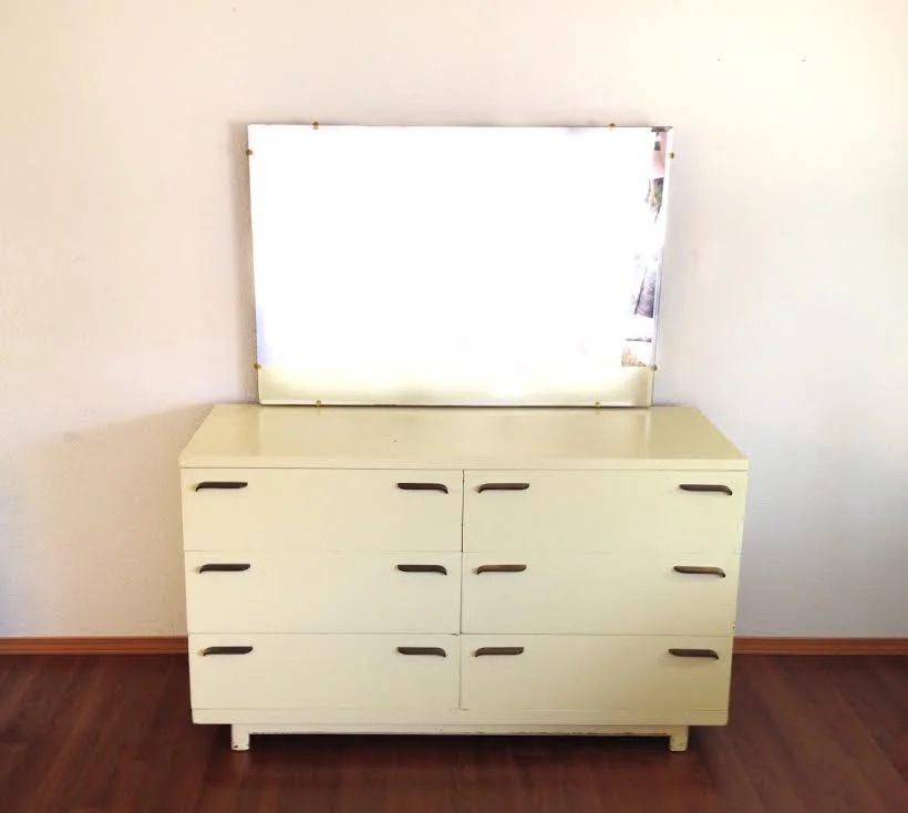 painted vintage lowboy dresser + mirror in spring yellow.