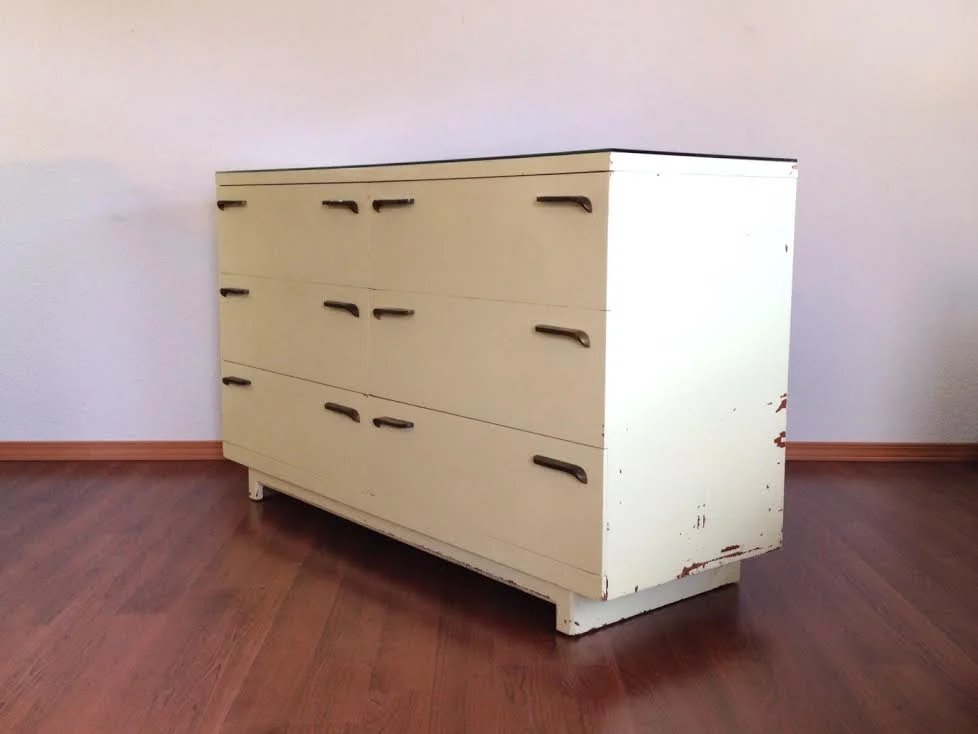 painted vintage lowboy dresser + mirror in spring yellow.