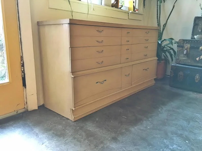vintage mid century blonde lowboy dresser.