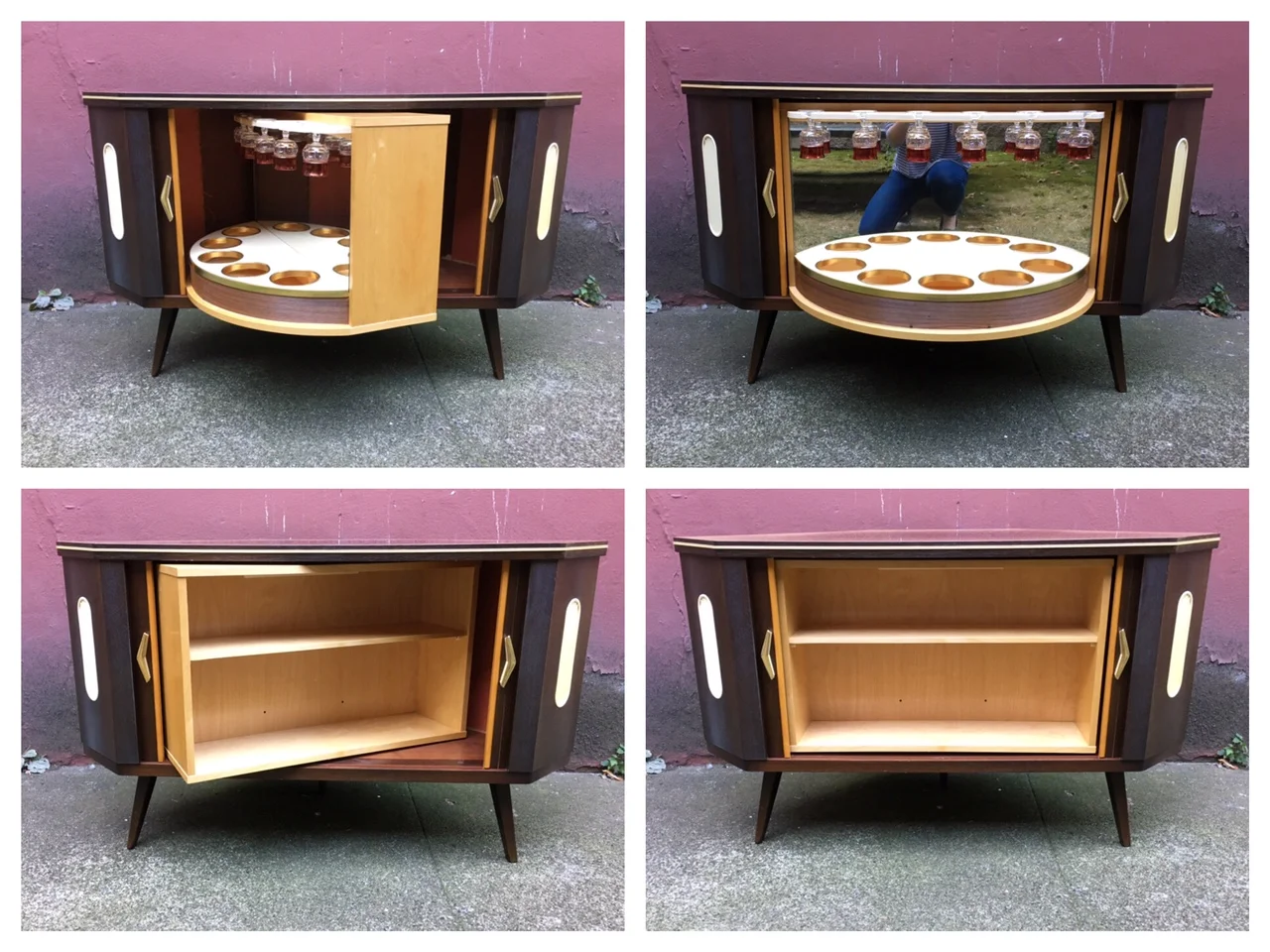 vintage mid century modern corner bar with rotating storage.