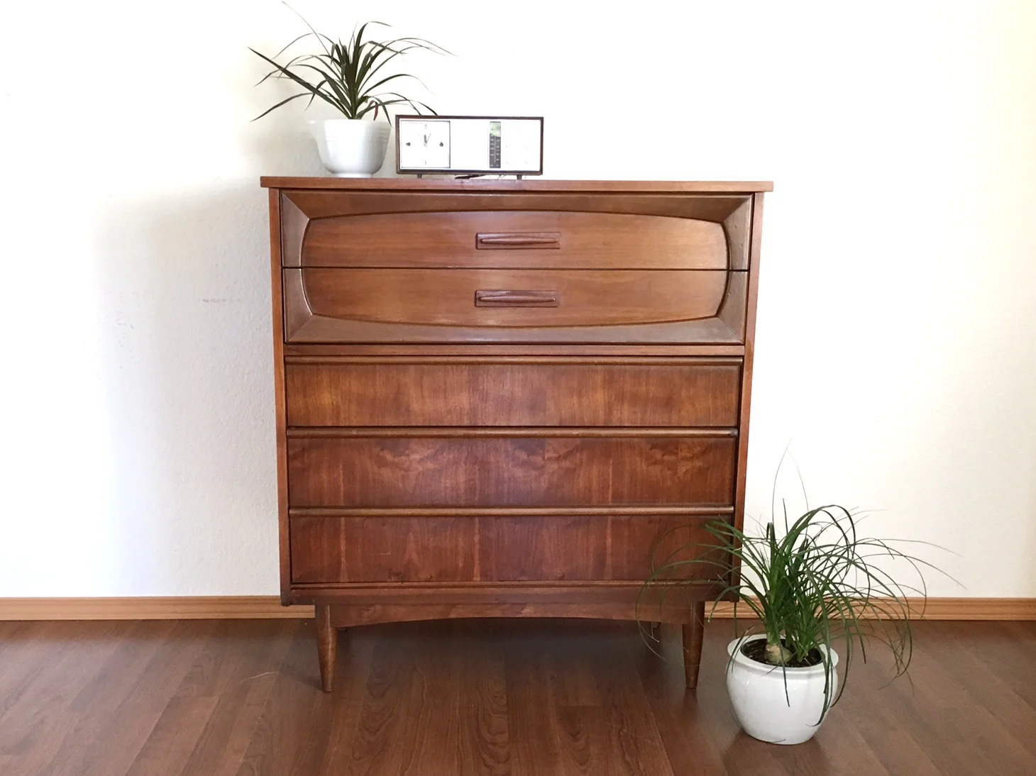 vintage mid century modern 4 drawer highboy dresser.