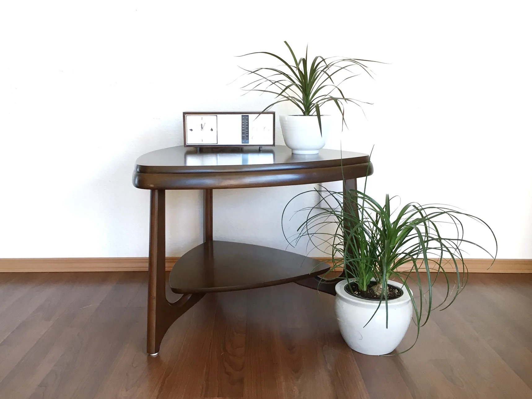 vintage guitar pick table with floating shelf by Mersman.