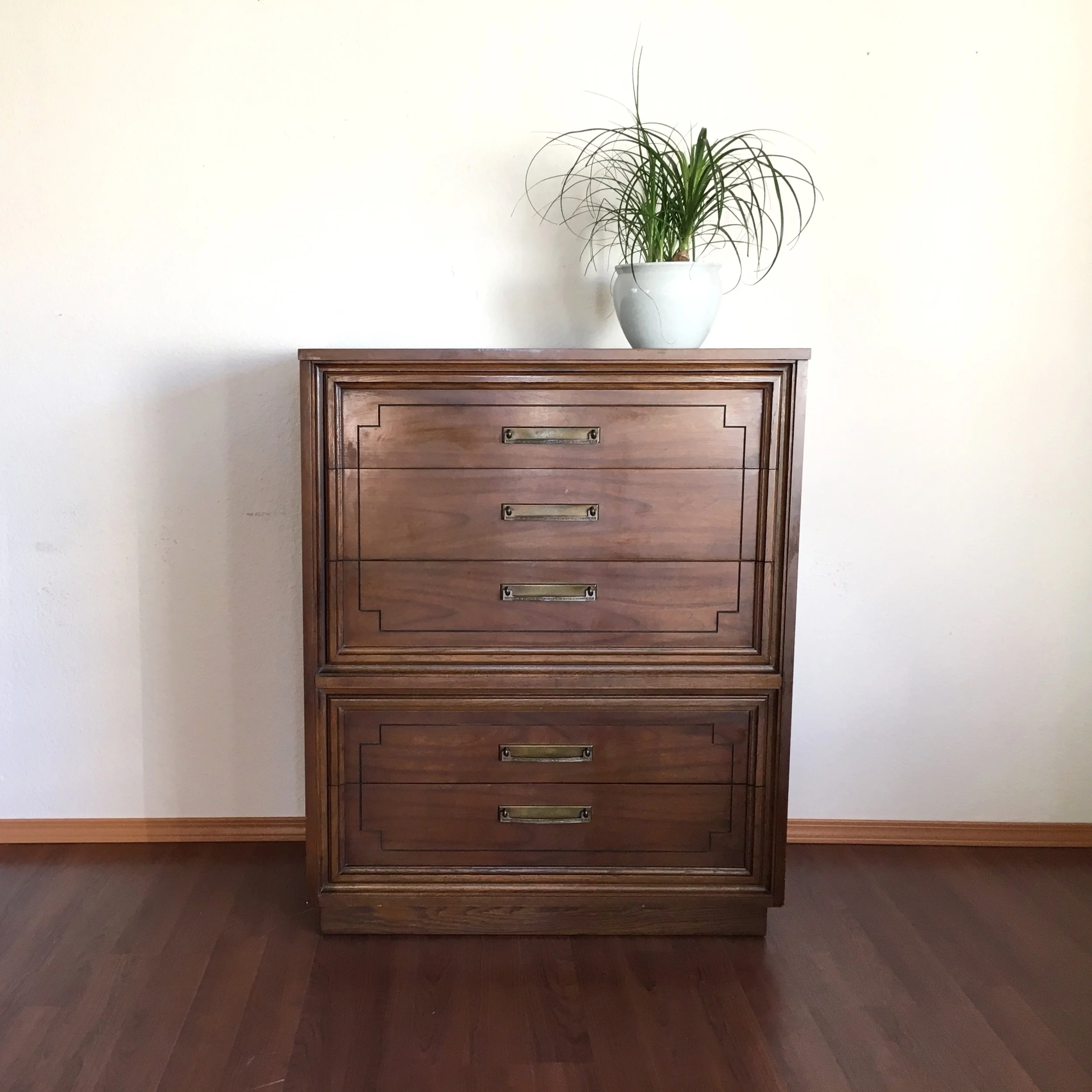 vintage mid century modern dark wood Dixie highboy dresser.