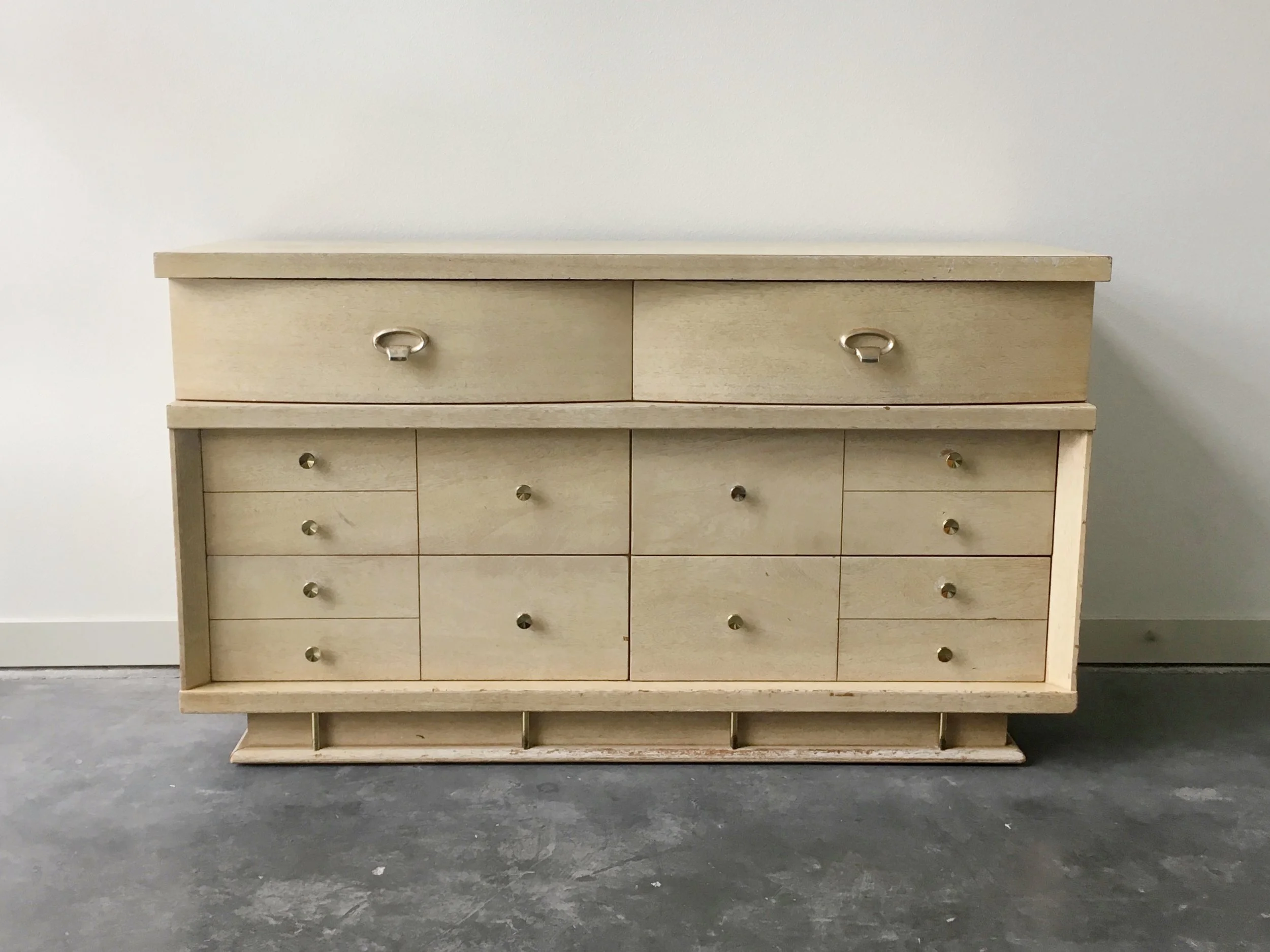 vintage mid century blonde lowboy dresser.