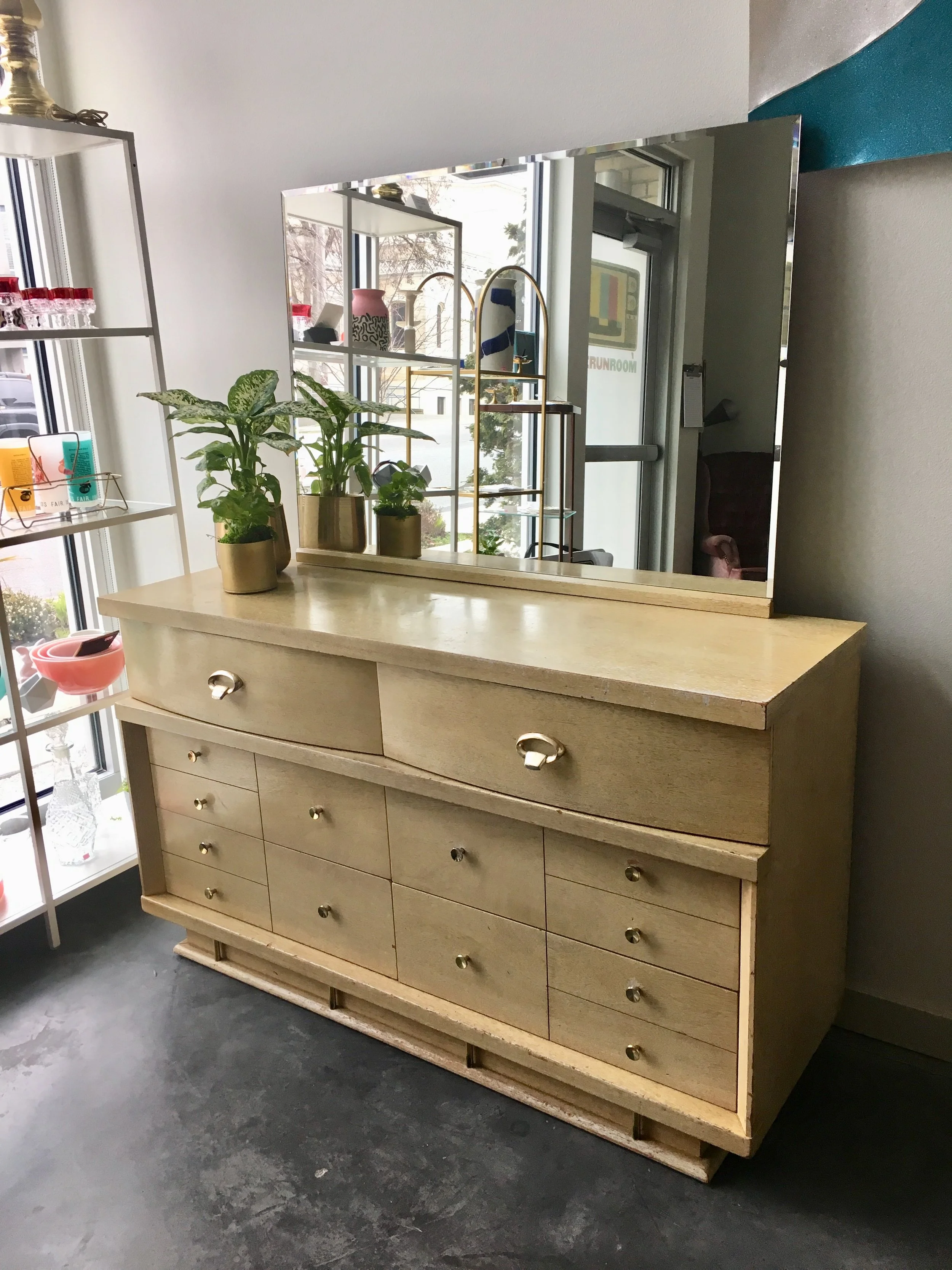 vintage mid century blonde lowboy dresser.