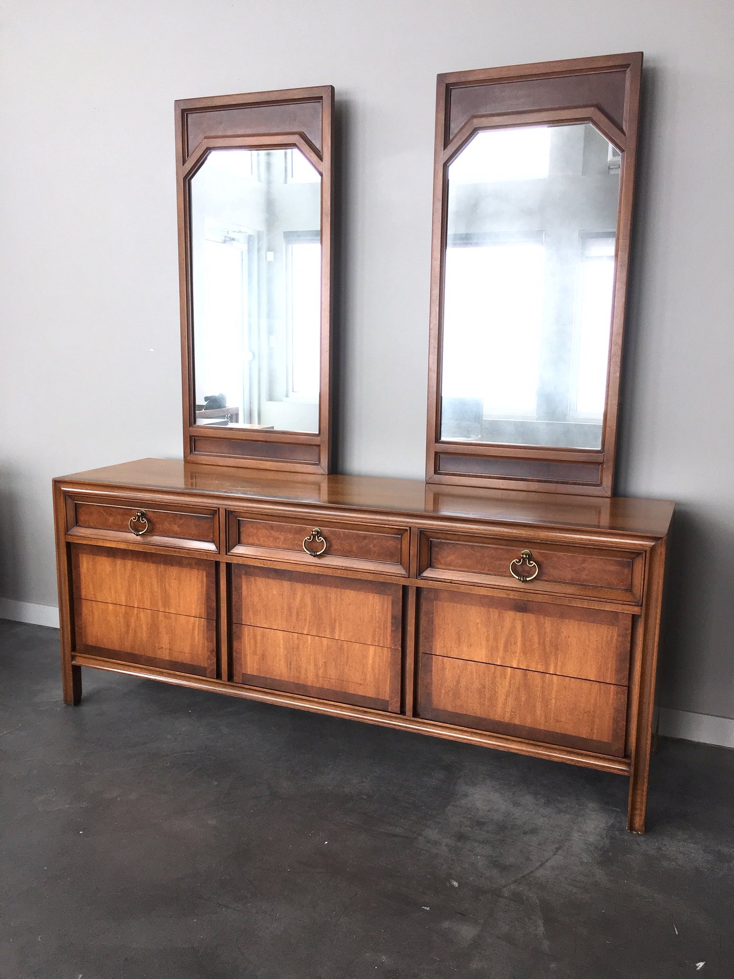 Vintage Mid Century Modern Lowboy Dresser With Double Mirrors By
