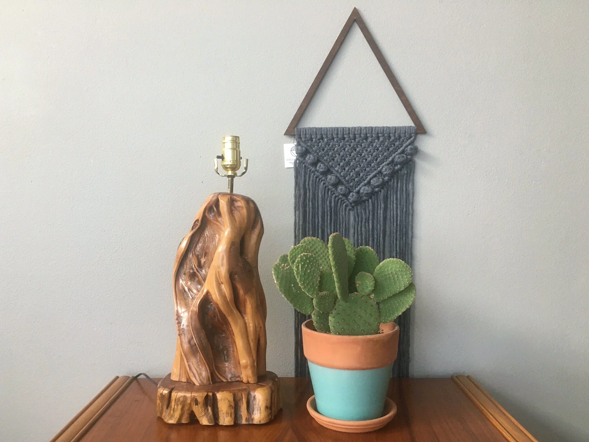 vintage mid century burl wood lamp.