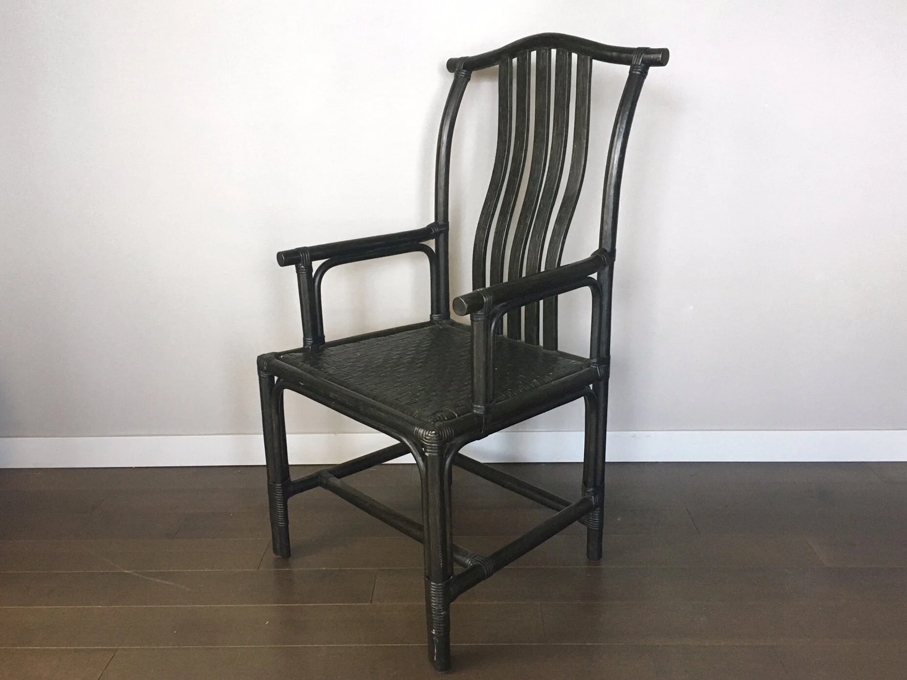 set of 6 vintage high back ebonized rattan dining chairs